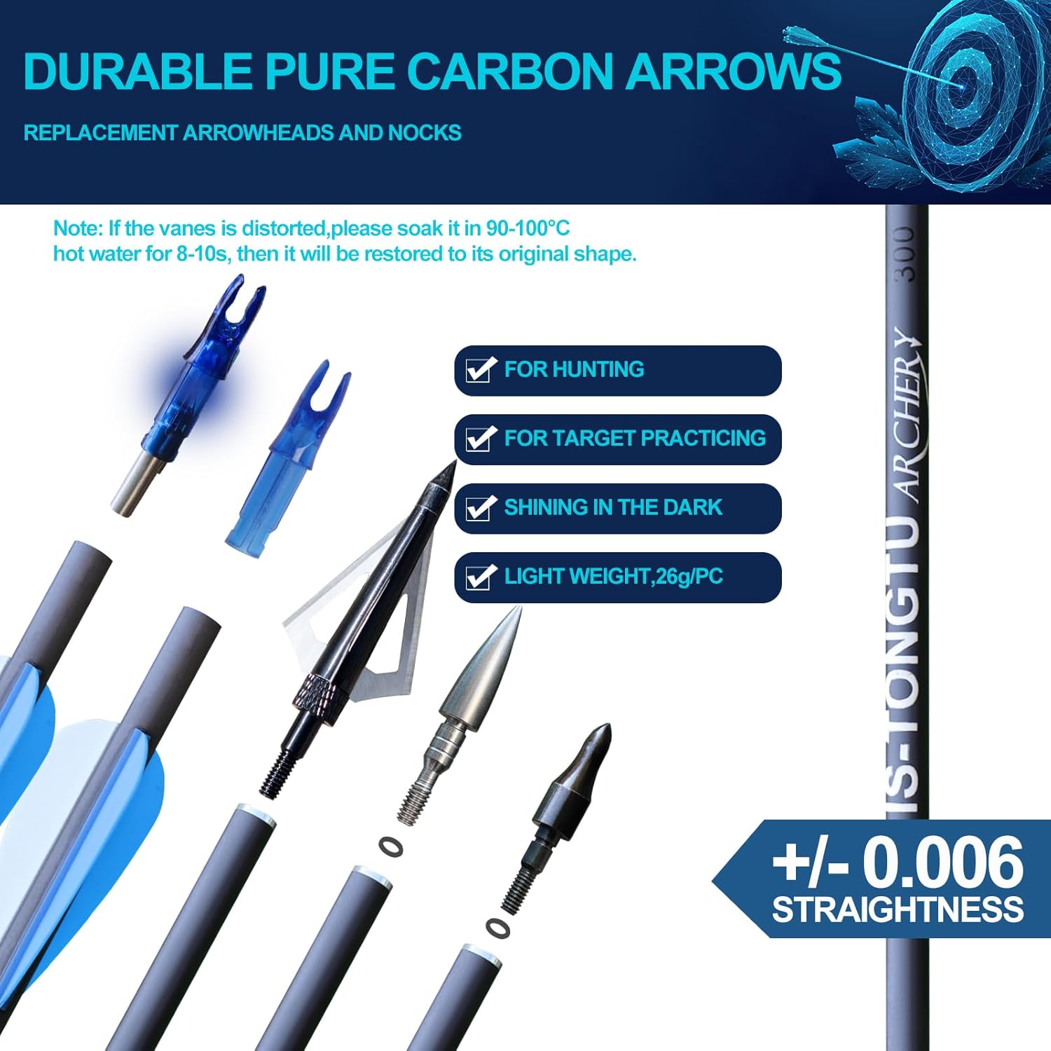 31 inch Hunting Arrows Pure Carbon Shaft +/-0.006 with 100 Grain Broadheads and 6.2mm Lighted Nocks,Spine 300/350/400/500 Archery Arrows for Compound Bow & Recurve Bows (Spine 350)