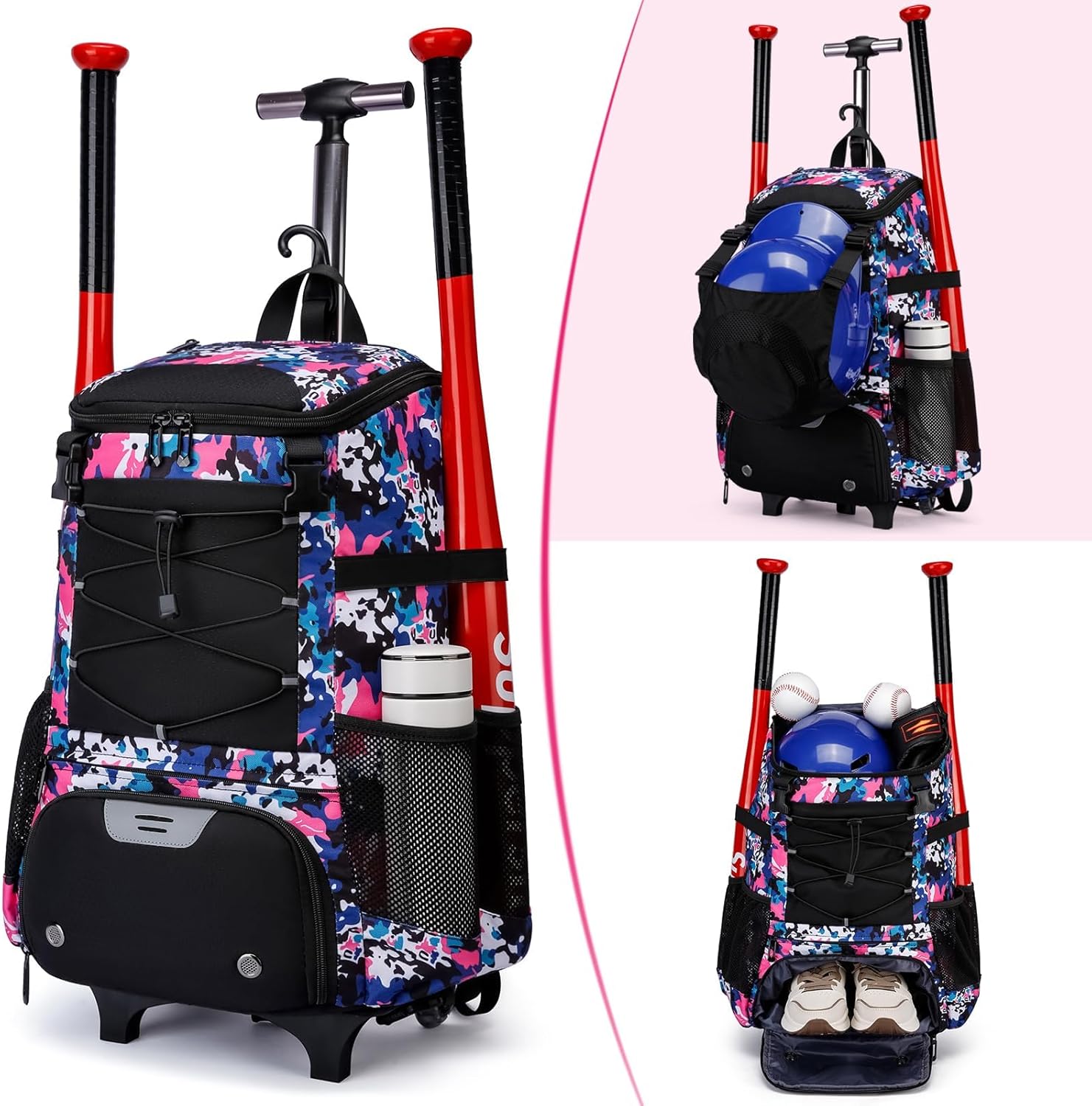 Softball Bag, Baseball Rolling Bat Bag - Wheeled for Youth Girls Adult, Lightweight Baseball Equipment Backpack with Shoe Compartment, Bat Backpack with Fence Hook for TBall Bat, Helmet