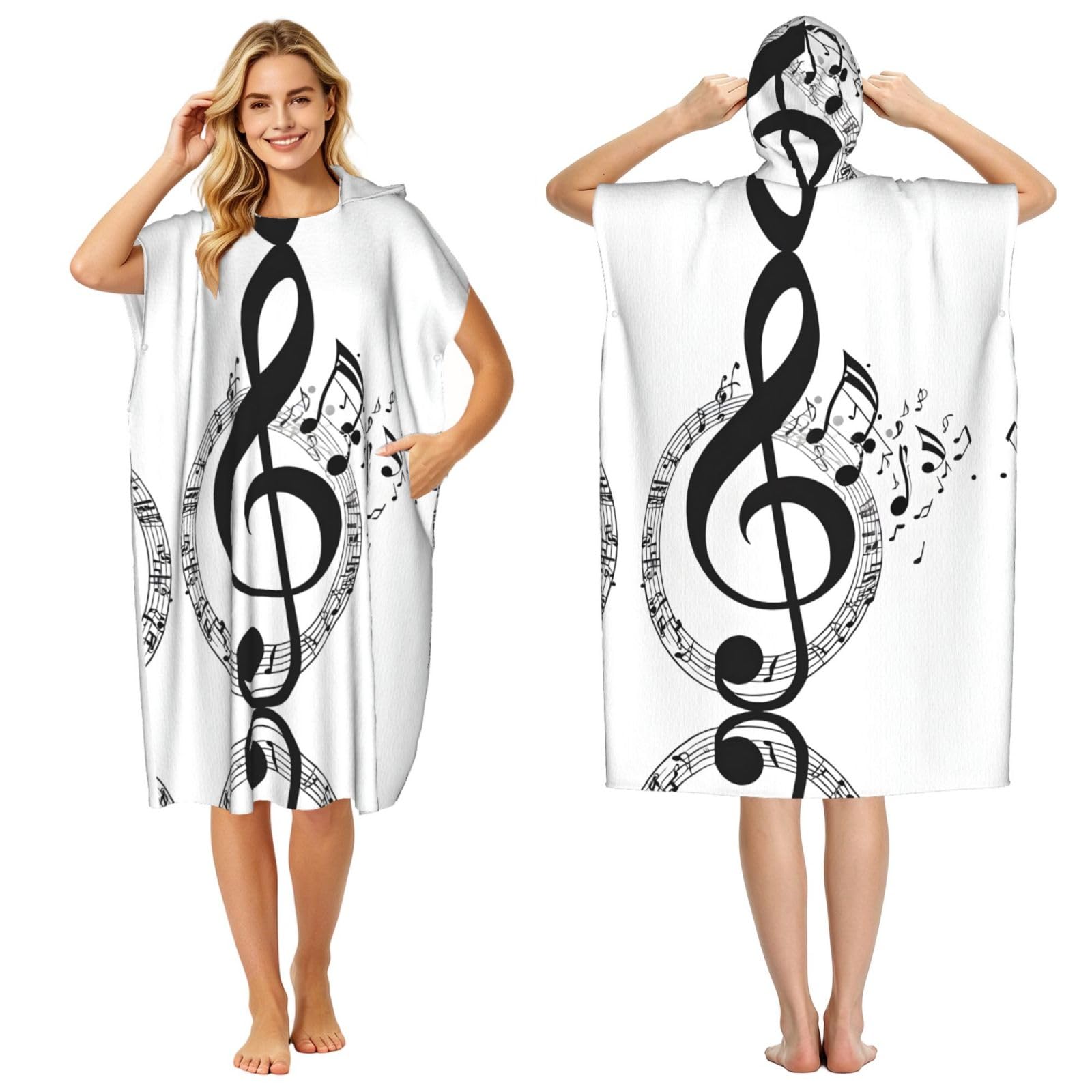 ESNAIUVCD Music Print Changing Robe, Hooded Towel Poncho For Swimming Pool, Beach,Quick Dry & Light Weight Towelling Poncho For Adults Women Men