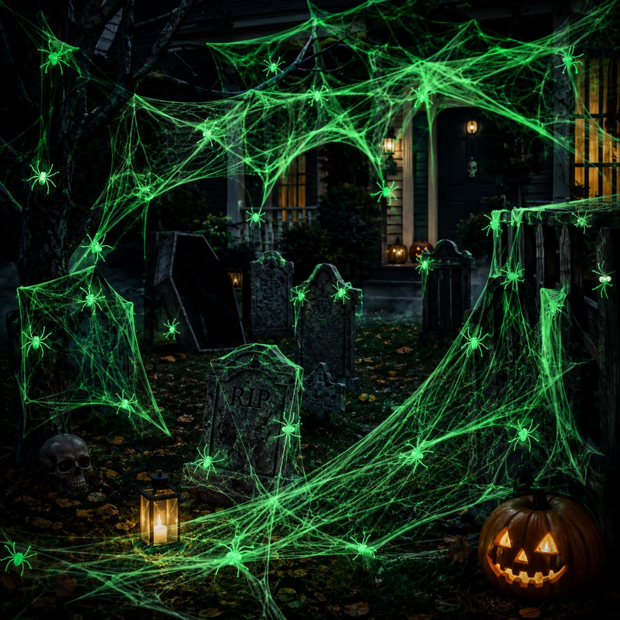100g Halloween Spider Web Decoration (20Glow Fake Spiders) Glow-In-The-Dark