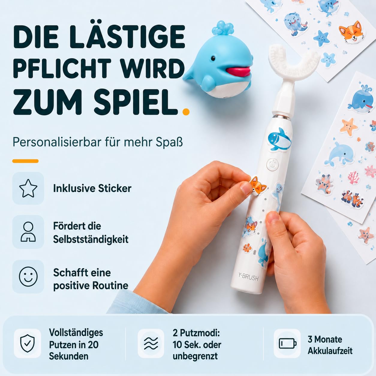Automatische Zahnbürste Kinder U-Form Y-Brush KidsBrush Schall – ab 4 J. | Schluss mit dem Abendkampf: 20 Sek. in U-Form | Schall | von Zahnärzten | 2× effizienter | IPX7 wasserdicht | 4-12 Jahre
