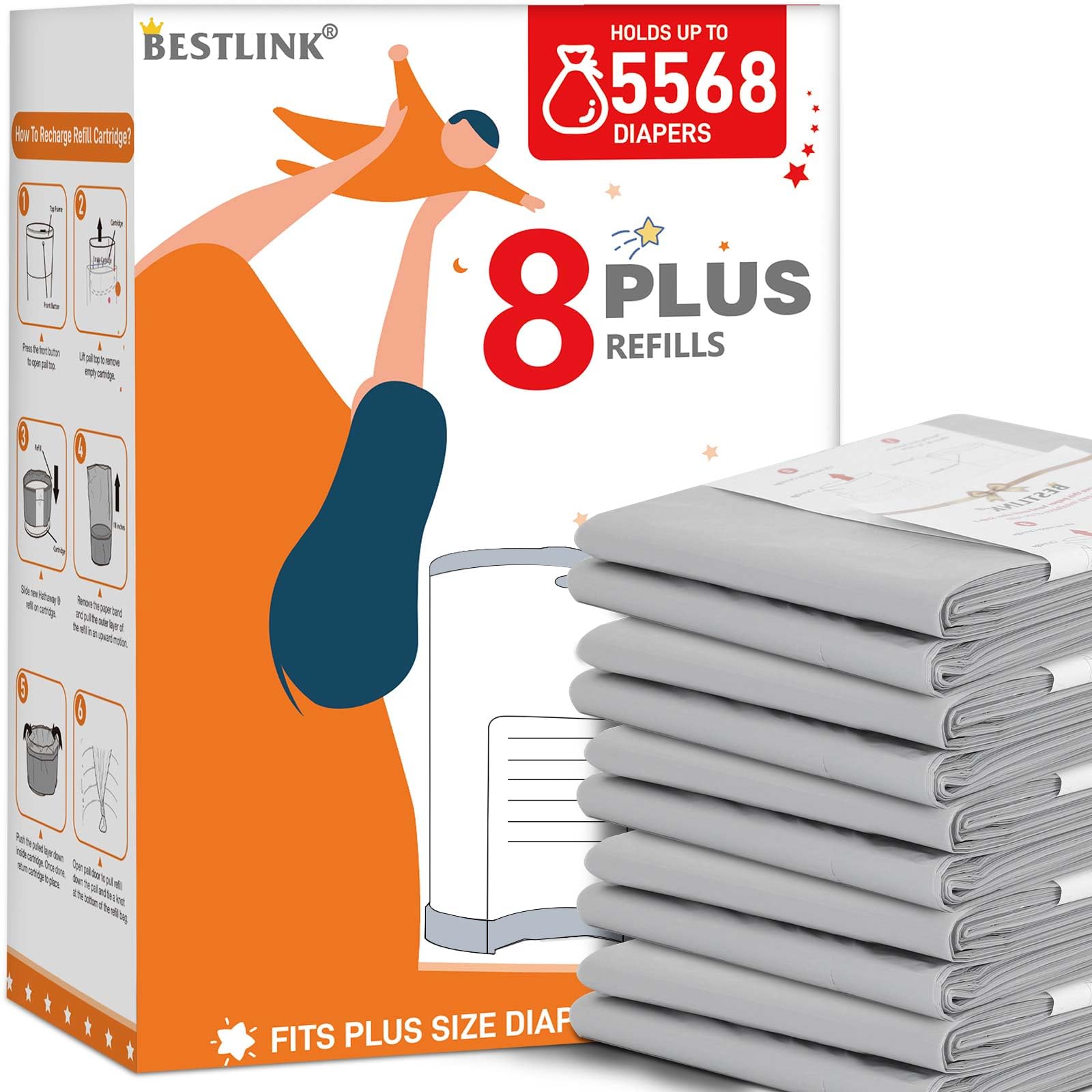 Paquete de 8 recambios compatibles con cubos de pañales DEKOR PLUS | 20% de longitud extra para bolsas de recambio para pañales 5568 pañales, máximo control de olores con aroma a bebé