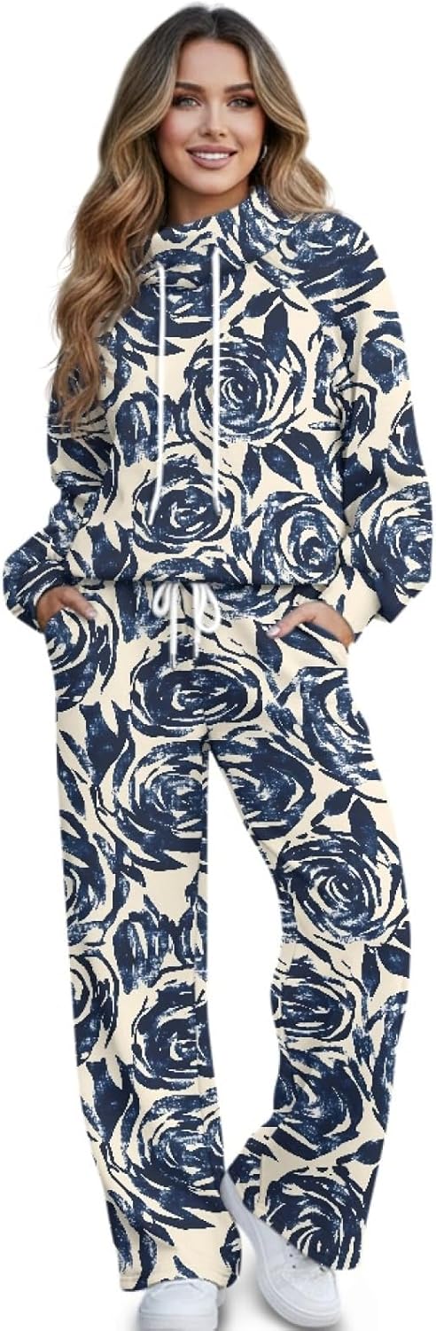 Women's 2 Piece Fall Lounge Sweatsuit - Drop Shoulder Hoodie and High Waist Sweatpants,Loose Fashion Outfit