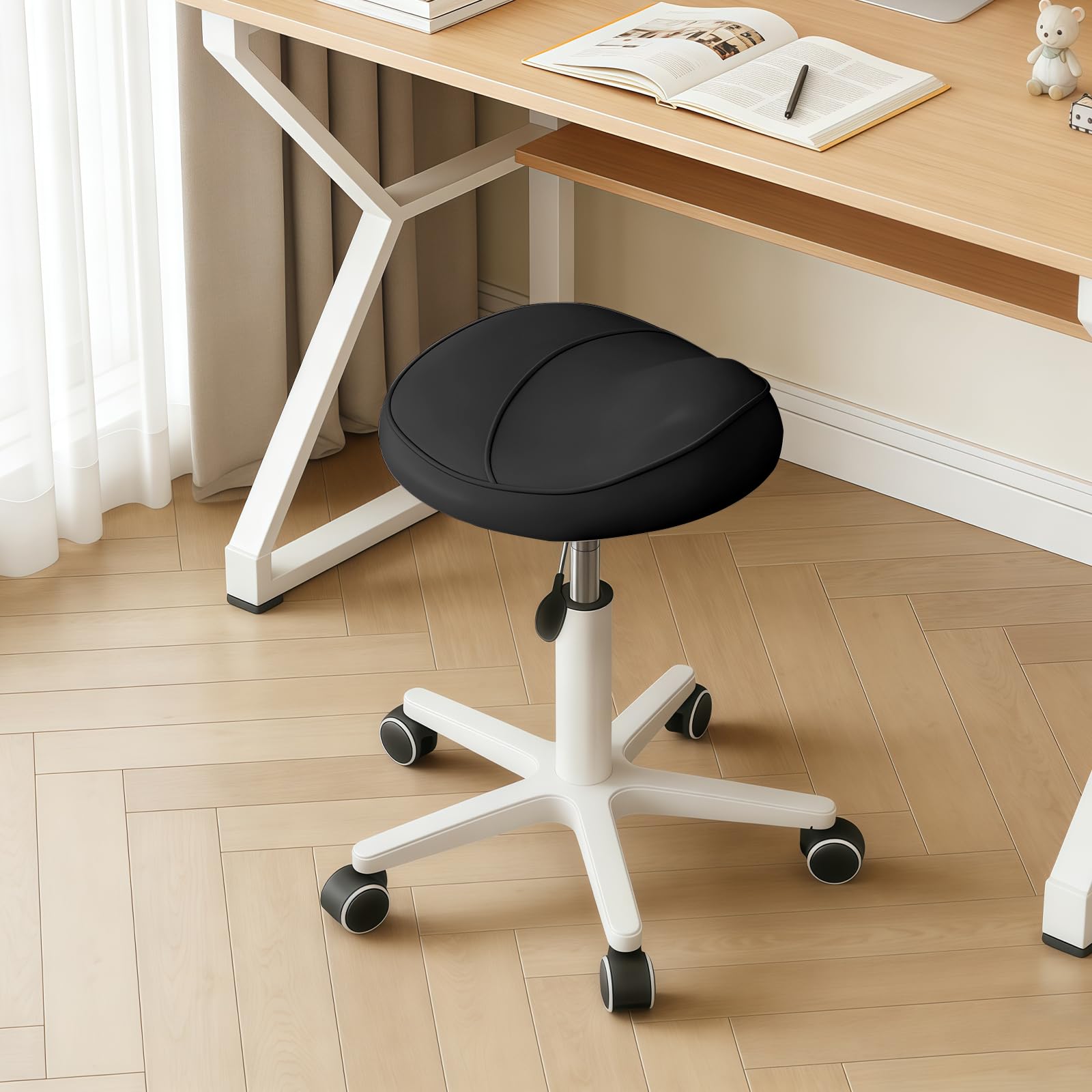 WXJHL Saddle Stool with Back Support Thick Padded Seat Ergonomic Chair Swivel Rolling Saddle Chair with Wheels for Hair Salon, Dental Clinic, Spa, Massage Studio, Office & Home