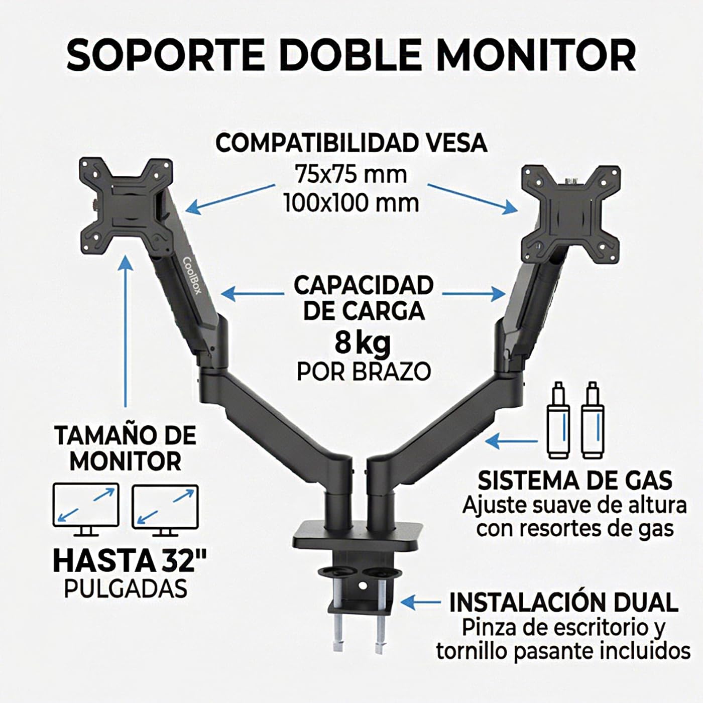 CoolBox M02D - Brazo Monitor Doble para Pantallas hasta 32", hasta 8Kg en Cada Brazo, Altura, Inclinación y Giro Ajustables, Rotación Monitor Vertical, VESA 75x75/100x100, Negro