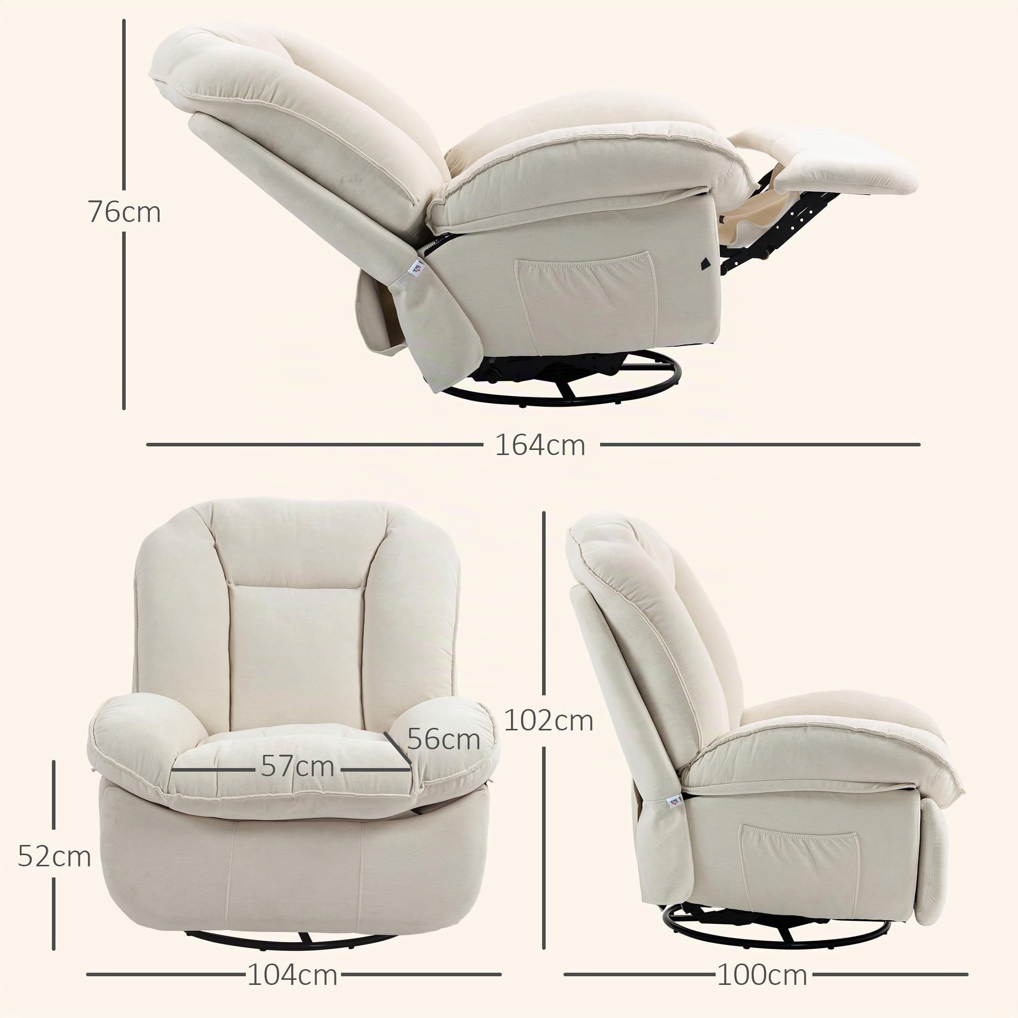 HOMCOM Relaxsessel, Fernsehsessel mit Liegefunktion, bis 150kg, Creme