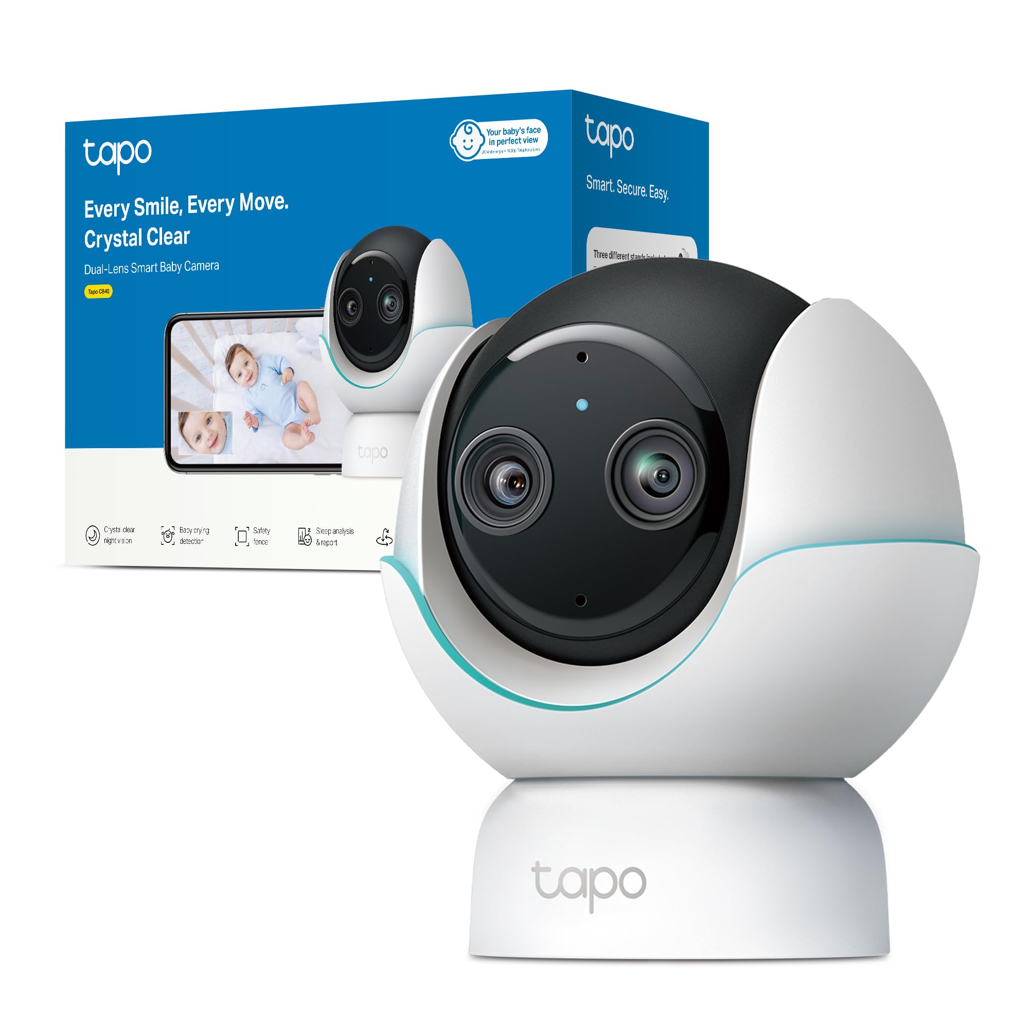 Tapo C840 4MP+2MP Telecamera WiFi Interno a Doppia Lente, Baby Monitor con Visione Notturna, Allarme Urlo, Volto Coperto, Report Sonno, Ninne Nanne e Rumore Bianco, Luce Notturna, MicroSD fino a 512GB