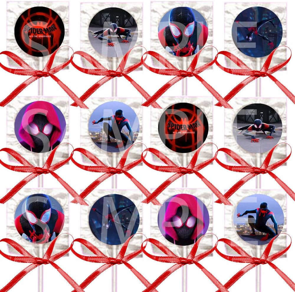 Spiderman Lollipops into the Spider-Verse Movie Suckers Party Favors - Supplies Decorations with Red Ribbon Bows Party Favors -12 pcs