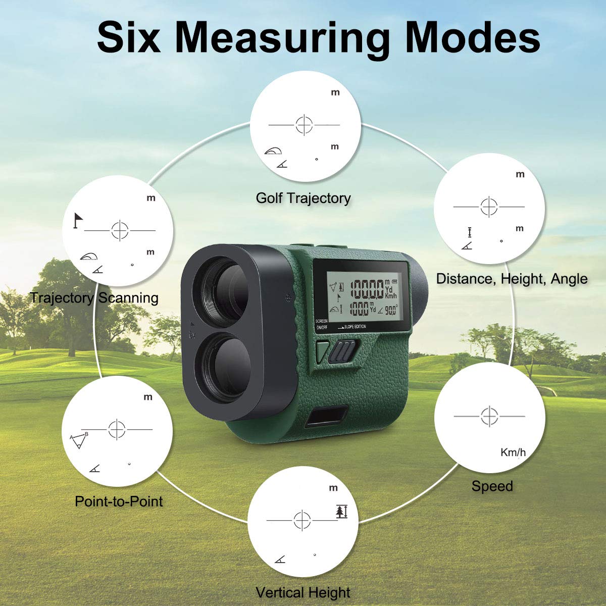 Huepar HLR1000 Pro Telémetro de golf 1100 yardas - 6X Buscador de alcance láser con trayectoria/Flagpole Bloquear/Distancia/Velocidad, caza, uso en exteriores/Distancia/Velocidad, Pantalla LCD externa