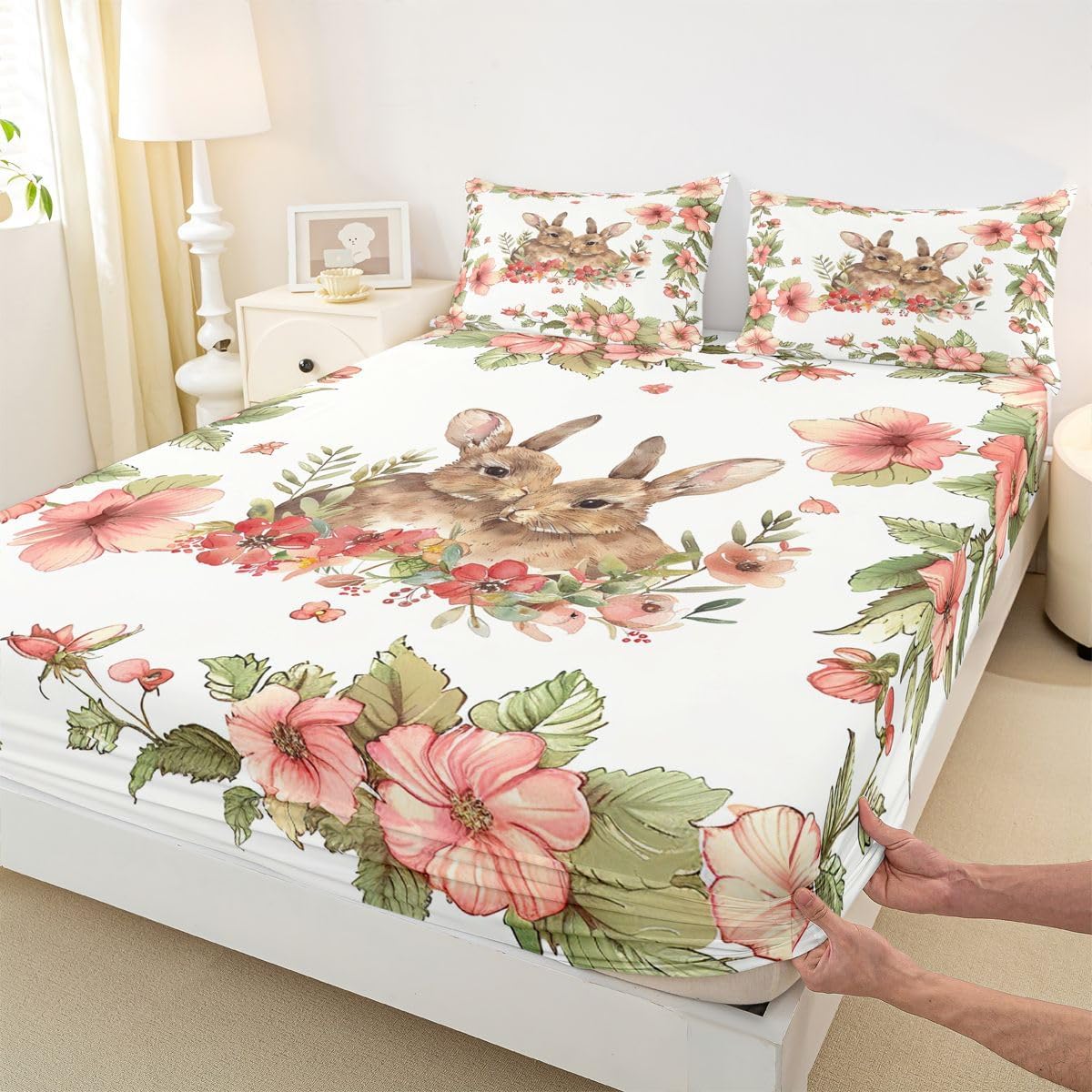 Rabbit Kawaii Bed Sheets Easter Decorations for The Home,Cute Pet Animal Fitted Sheet,Pastel Pink Flowers Sheet Set Queen,Green Leaves Boho Floral Easter Decor Easter Gifts for Adults