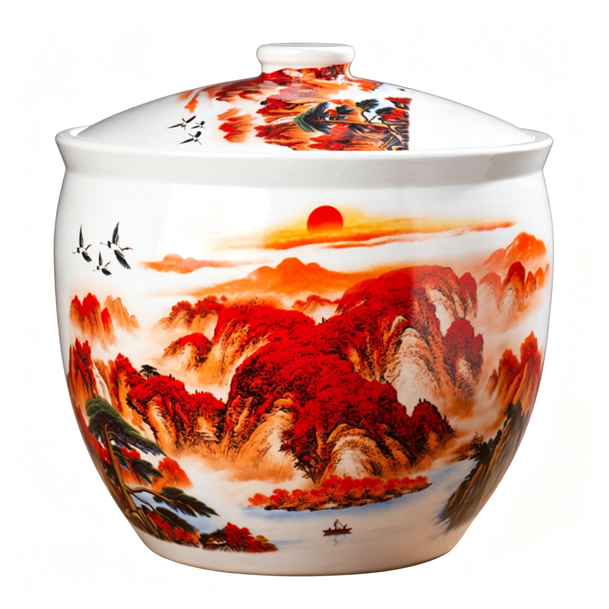 MMleYN Ceramic Rice Jar And Household Rice Bucket With Airtight Lid, Chinese Decorative Food Storage Canister, Traditional Grain Dispenser & Cylinder For Kitchen Pantry(E,5kg)