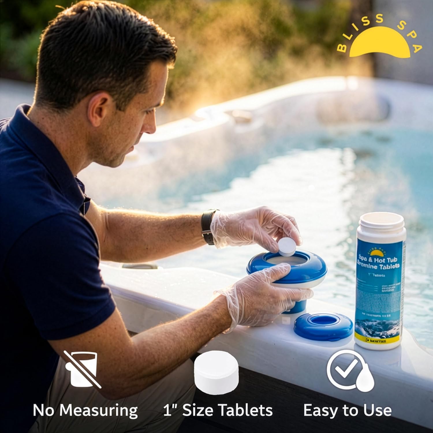 Bliss Pool Spa & Hot Tub Bromine Tablets 1 Inch (1.8 lb), Low Odor Sanitizer, Chlorine Alternative, Fits All Floaters, Brominating Tabs for Spas, Hot Tubs and Indoor Pools, 1.8 Pounds