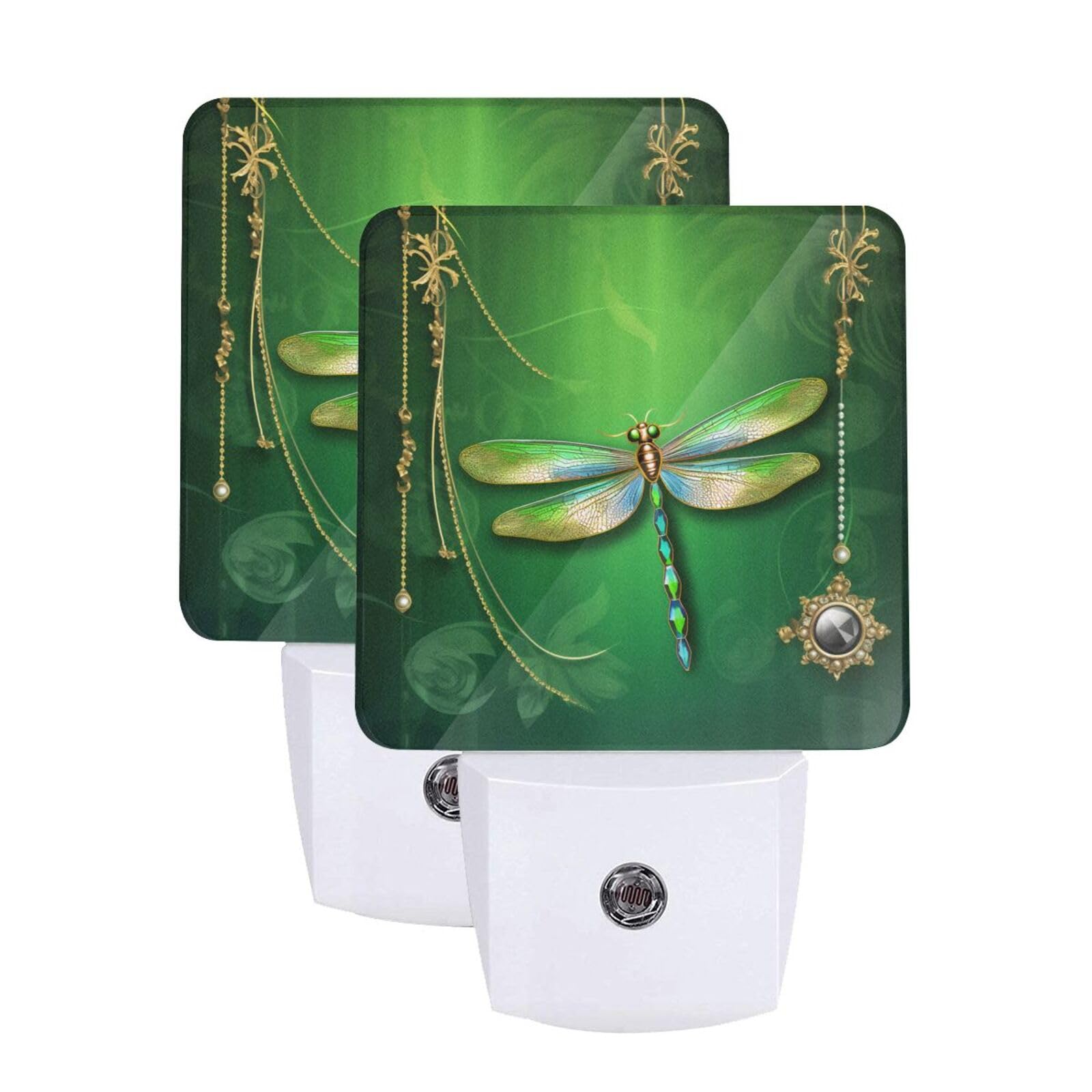 Green Dragonfly Night Light Set of 2, Auto Sensor LED Dusk-to-Dawn Nightlights, Plug-in Sensor Lamp for Bedroom Bathroom Kitchen Hallway Stairs Decorative