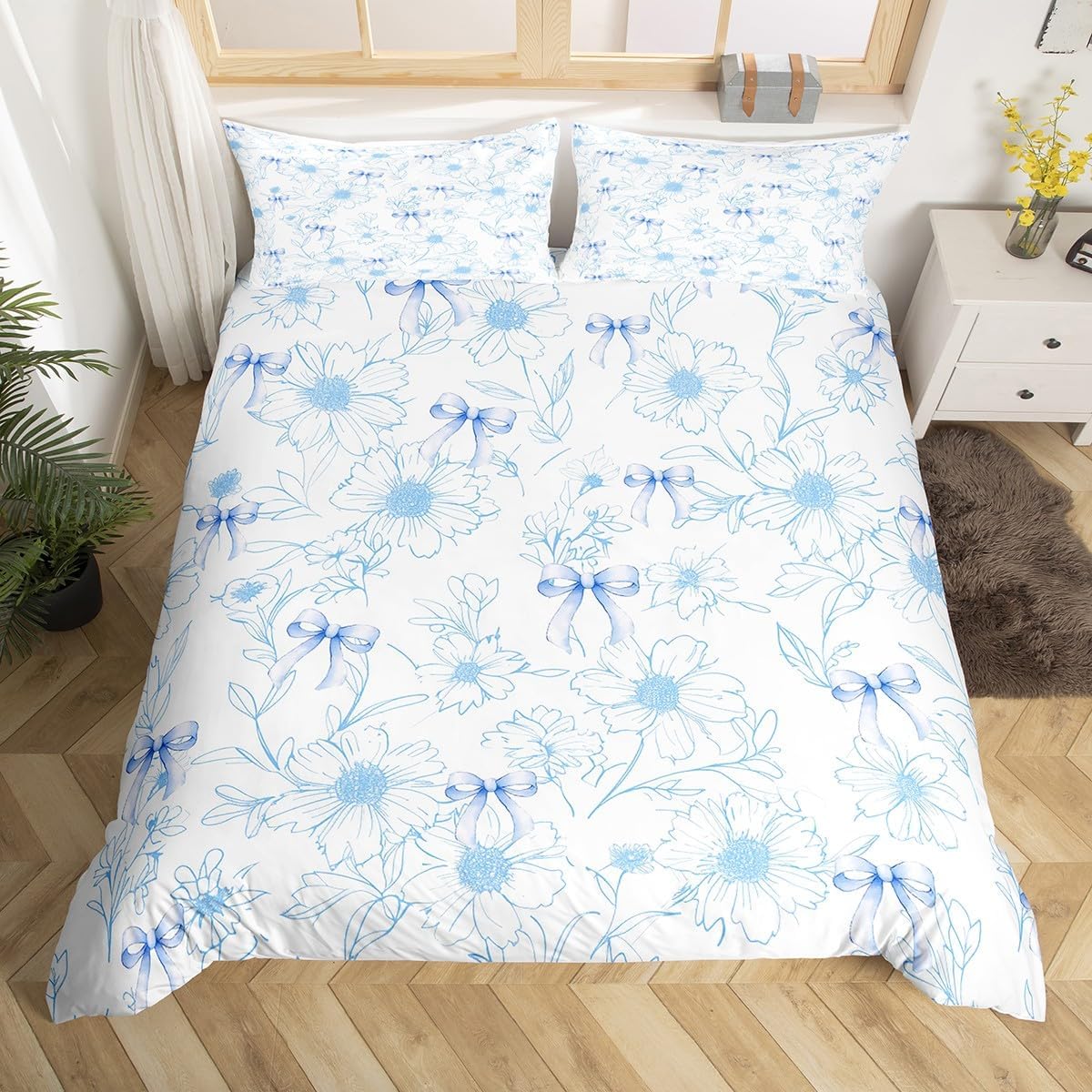 Pink Bowknot Duvet Cover Set Toddler Size,Natural Garden Blue Flowers Romantic Bedding Set,Kids Teens Room Decor,Princess Bow Geometric Plaid Circle Patchwork Quilt Cover,No Comforter