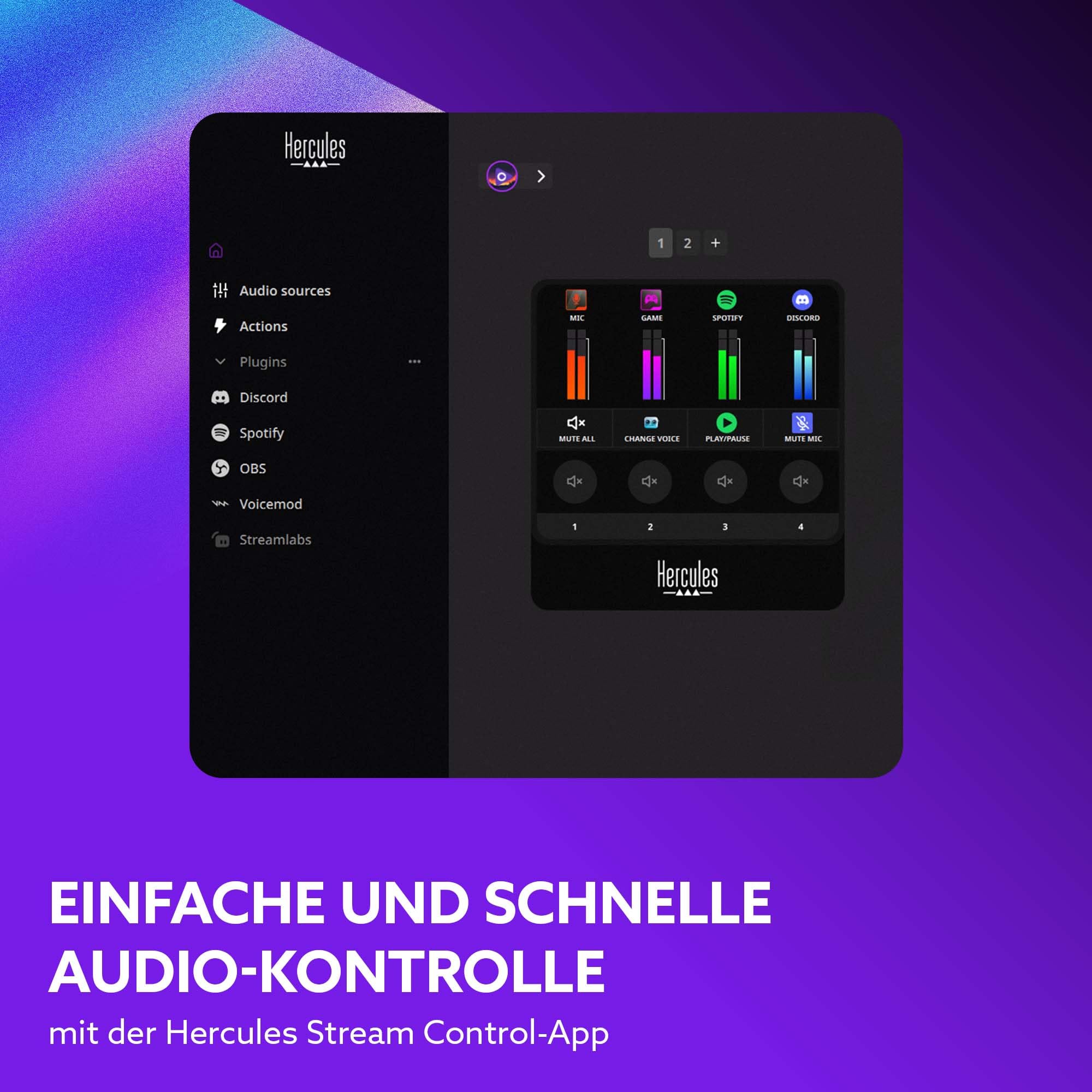Hercules Stream Starter Kit - Stream 100 + Mikrofon HUD-600 PC | Stream-100-LCD-Controller, USB/XLR-Mikrofon HUD-600, 4 Encoder, 4 Tasten, 3 Monate Voicemod Pro inklusive