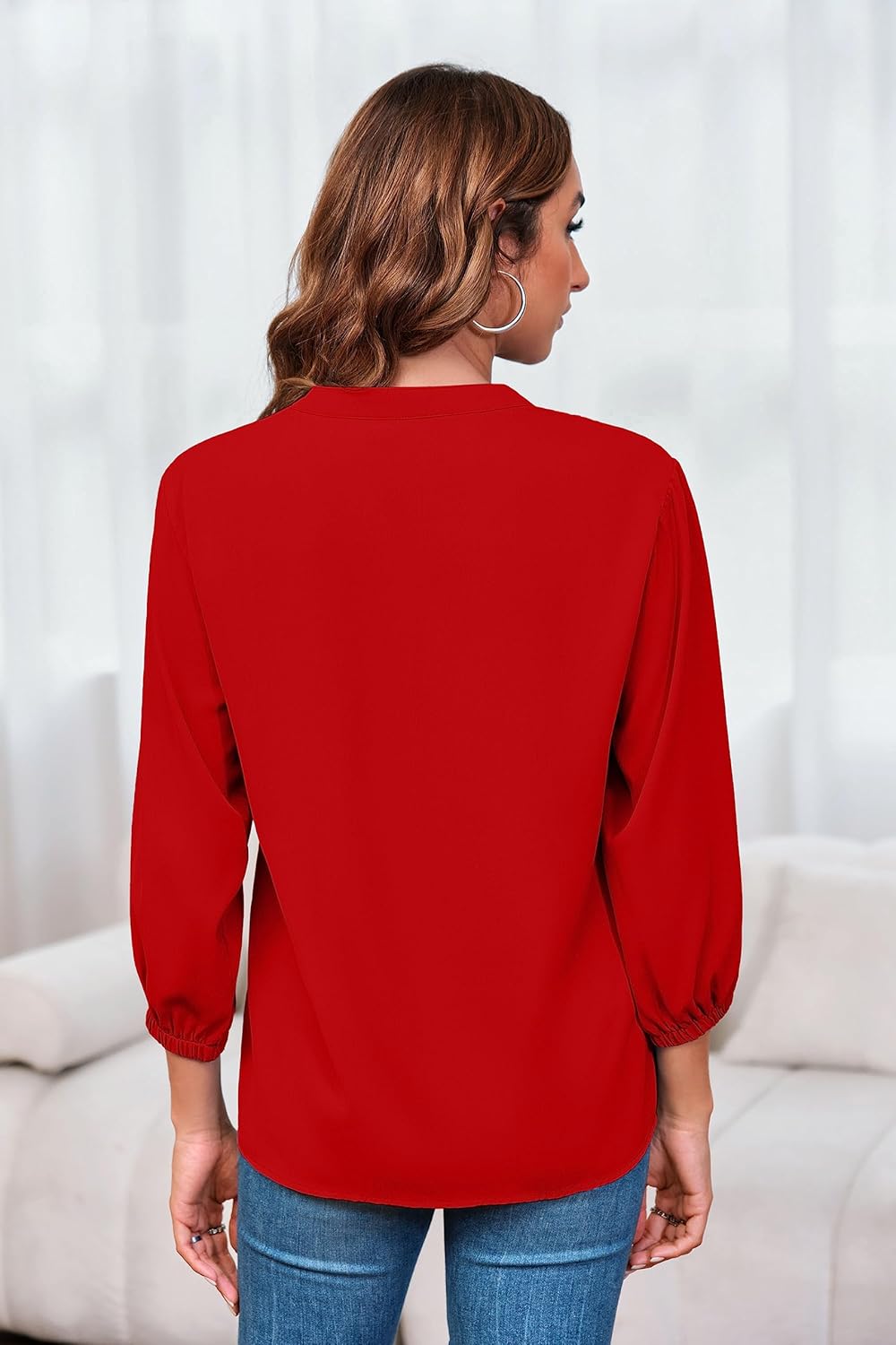 Cnkwei Womens V-Neck Lantern Sleeve Blouse Zipper Design Loose Casual Top Shirts - Image 4