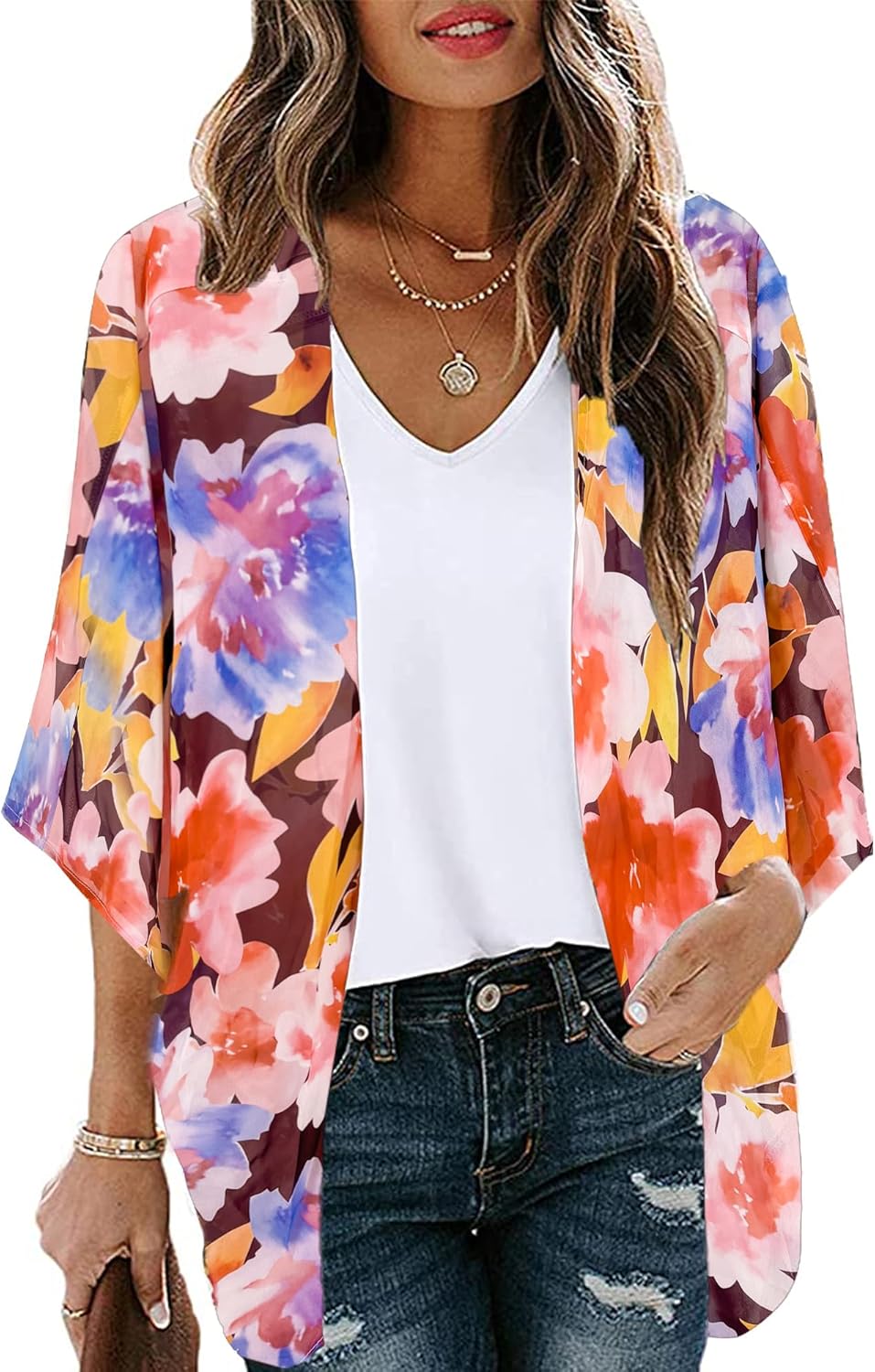 Moss Rose Women's Beach Kimono Coverup Sheer Chiffon Cover Ups, Casual Loose Open Front Cardigan Tops