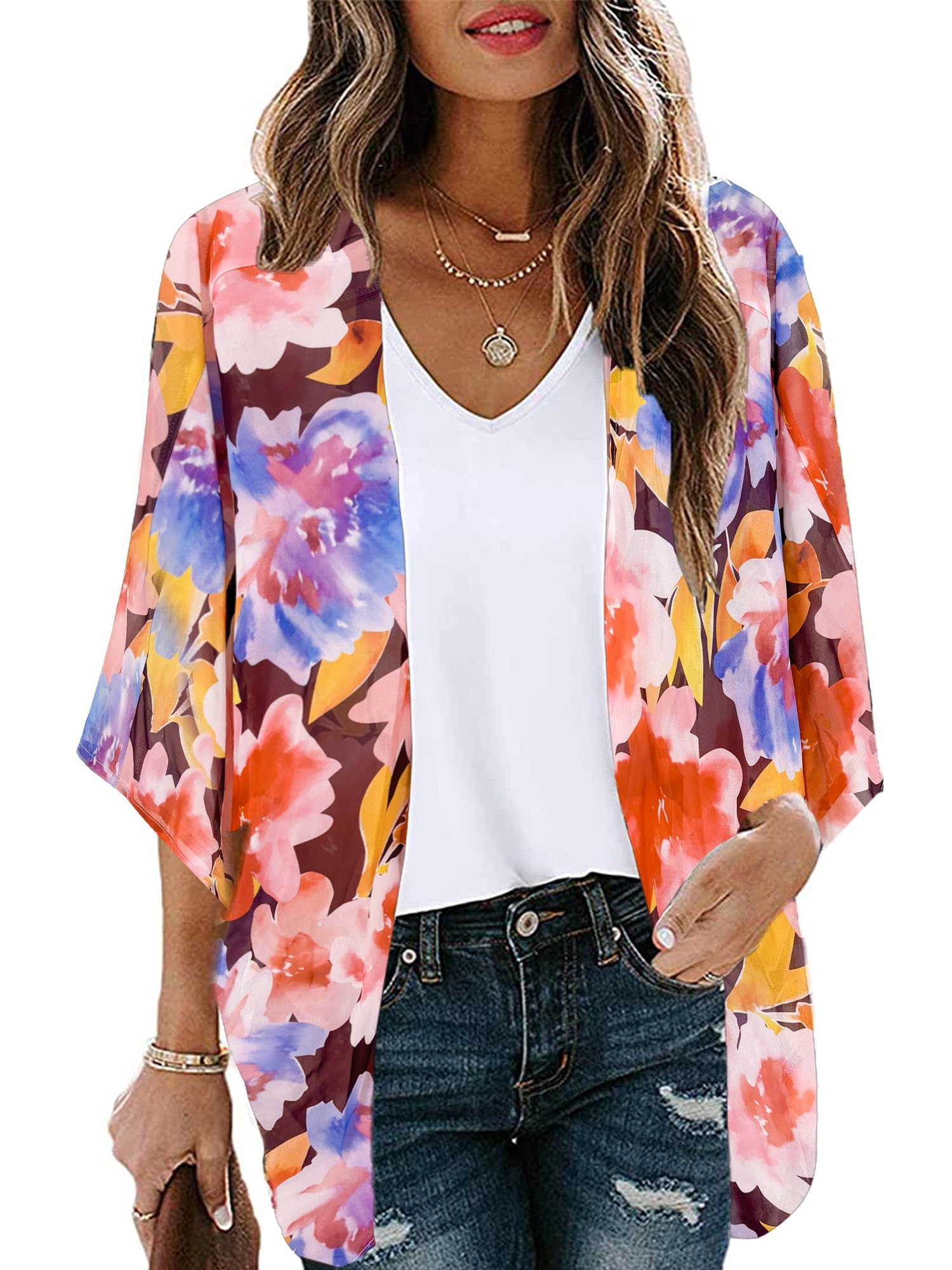 Moss Rose Women's Beach Kimono Coverup Sheer Chiffon Cover Ups, Casual Loose Open Front Cardigan Tops, Floral 9, One size