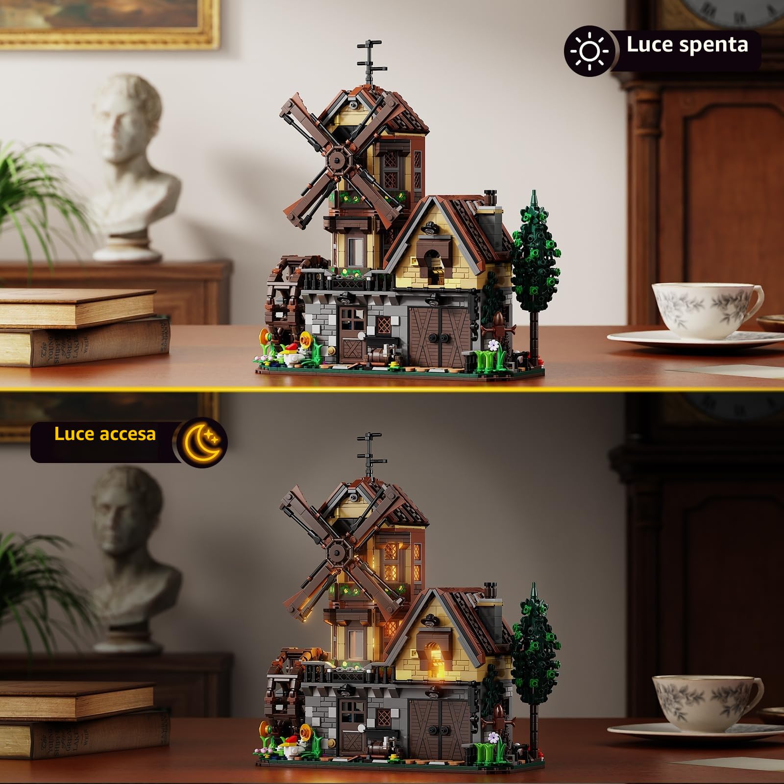 TYCOLE Set di Mattoncini 1436 Pezzi - Cabin di Legno con Luci LED, Mulino a Vento e Ruota ad Acqua Meccanici - Casa Modello di Costruzione per Adulti e Bambini