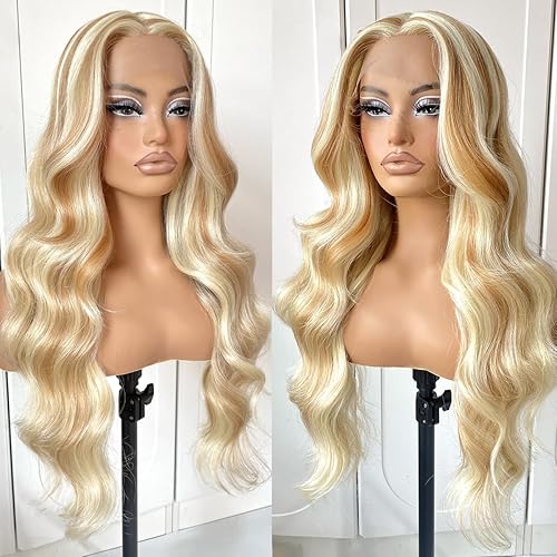 Miniatura 10 de #27 Peluca de encaje frontal rubia miel sin pegamento, onda corporal, pelucas de encaje frontal sintéticas prediseñadas, con línea de cabello