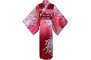 Kamono Women's Japanese Robe with Goldfish Obi Belt and Blossom Yukata