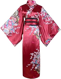 Women's Floral Print Traditional Japanese Kimono Goldfish Obi Belt Blossom Robe Costume Set