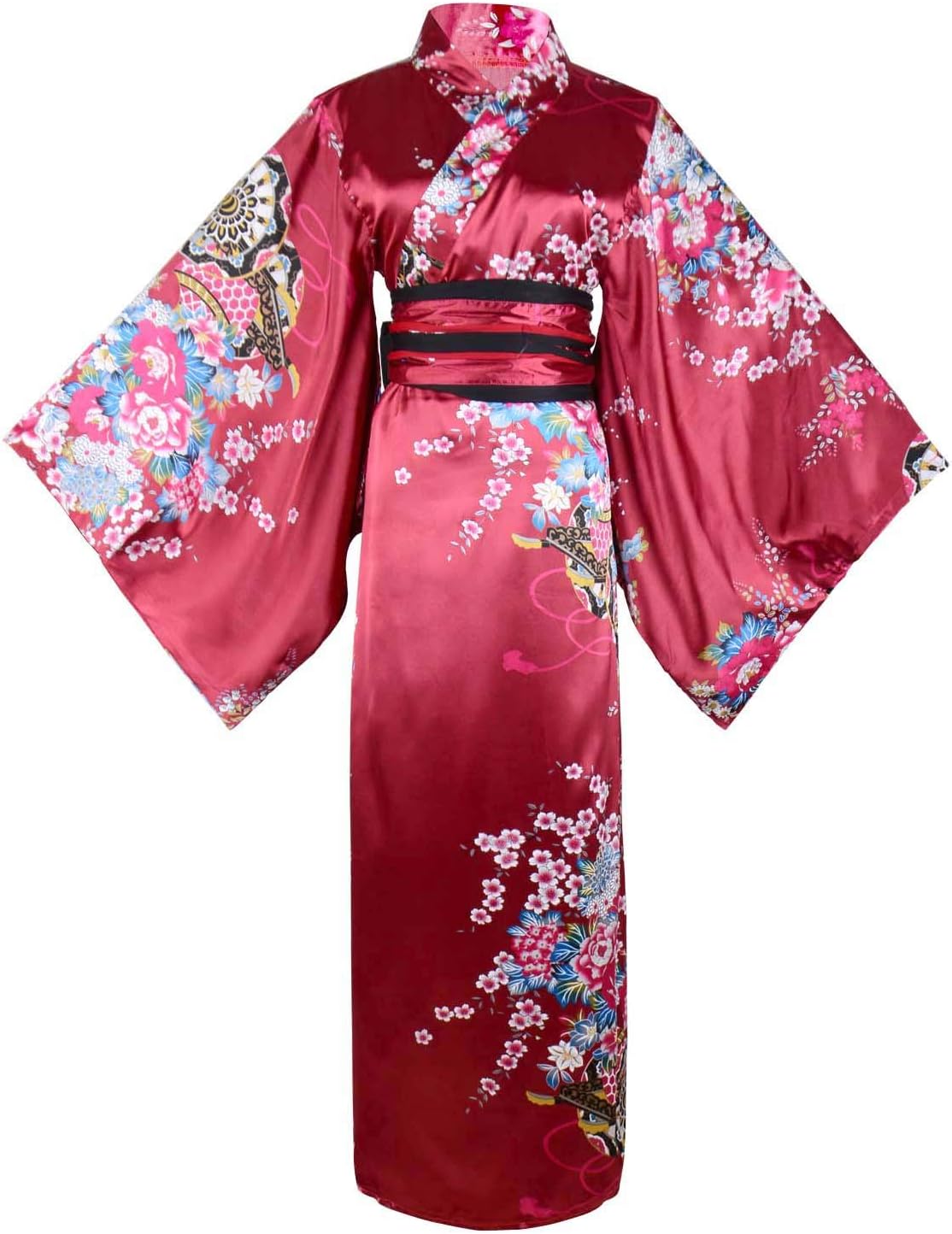 HongH Women's Floral Print Traditional Japanese Kimono Goldfish Obi Blossom Yukata Costume Set Belt Robe, Long Kimono Blue, Large, Long Kimono Blue, L