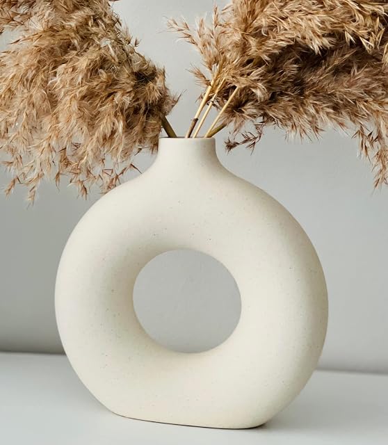 White Donut Vase Ceramic Vase For Pampas Grass, Living Room Bedroom accessories, Dried Flower Vase, boho Vase, Decorative Aesthetic Room Decor Ornaments Modern Home Accessories