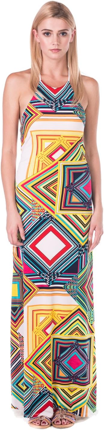 Women's Geometric Print Halter Spaghetti Straps Back Maxi Dress