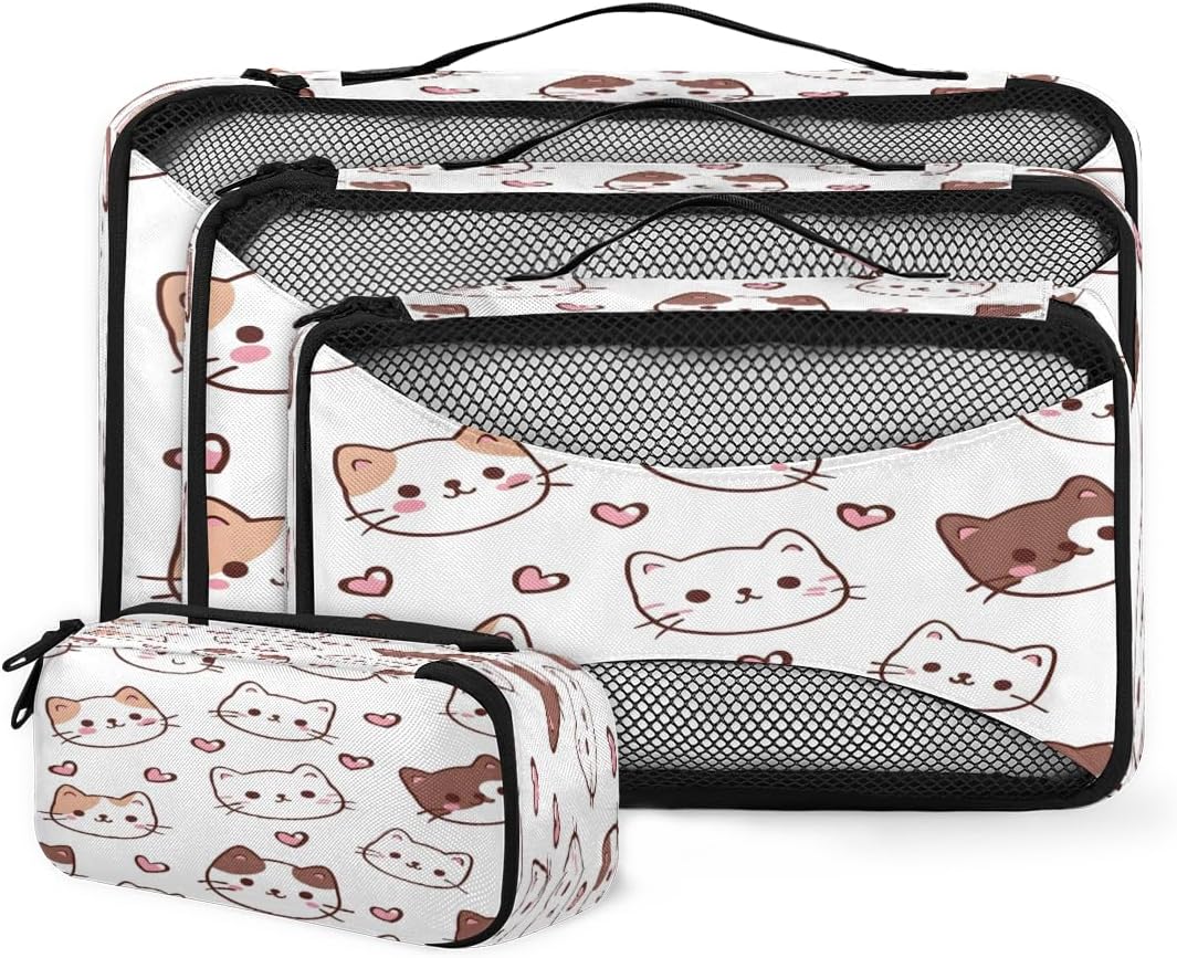 Cat Face Pattern 4 Set Packing Cubes Packing Cubes for Women Lightweight Travel Essential Bag Clothes Carry on Suitcase Bags for Accessories Essentials