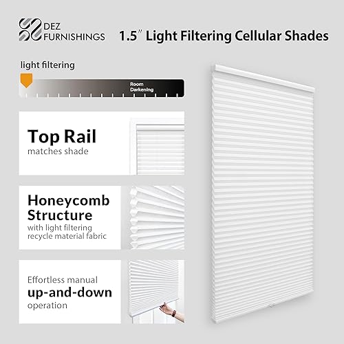 Miniatura 2 de DEZ FURNISHINGS Persiana celular inalámbrica con filtro de luz de 1.5 pulgadas, 26 pulgadas de ancho x 48 pulgadas de alto, color blanco