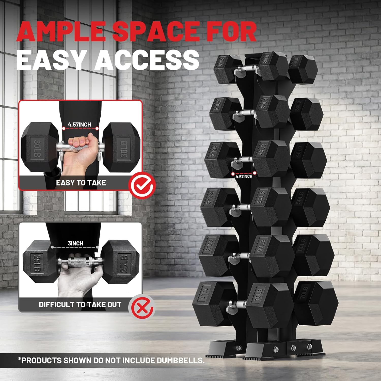 PAPABABE Hex Dumbbell Sets with Rack, 60-550lb Rubber Coated Dumbbell Weight Set and Storage Rack, Multiple Options Hand Weights for Strength Training