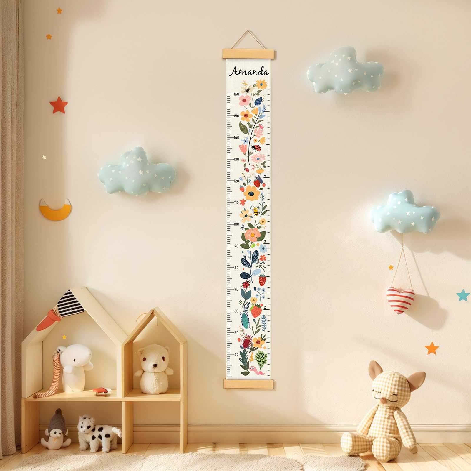 Woodemon Personalize Name Growth Chart for Kids, Flower Canvas Height Chart Ruler Removable Hanging Wall Ruler Measurement Chart for Home Decoration, Waterproof Measuring Board, Foldable