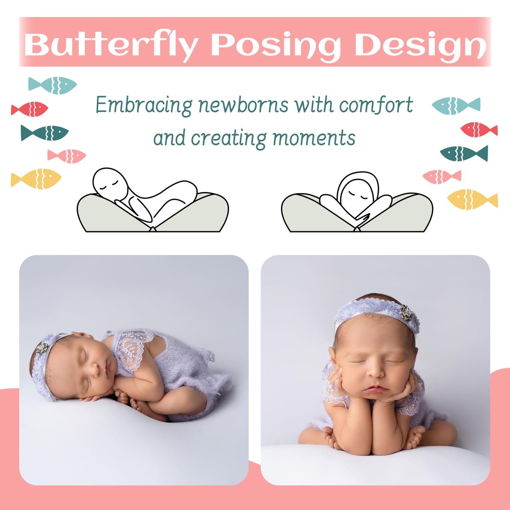Apoyos de fotografía para recién nacidos Mariposa Posando Cojín Cesta Relleno y Posicionador para Bebés DIY Recién Nacido Fotografía Profesional Prop Blanco