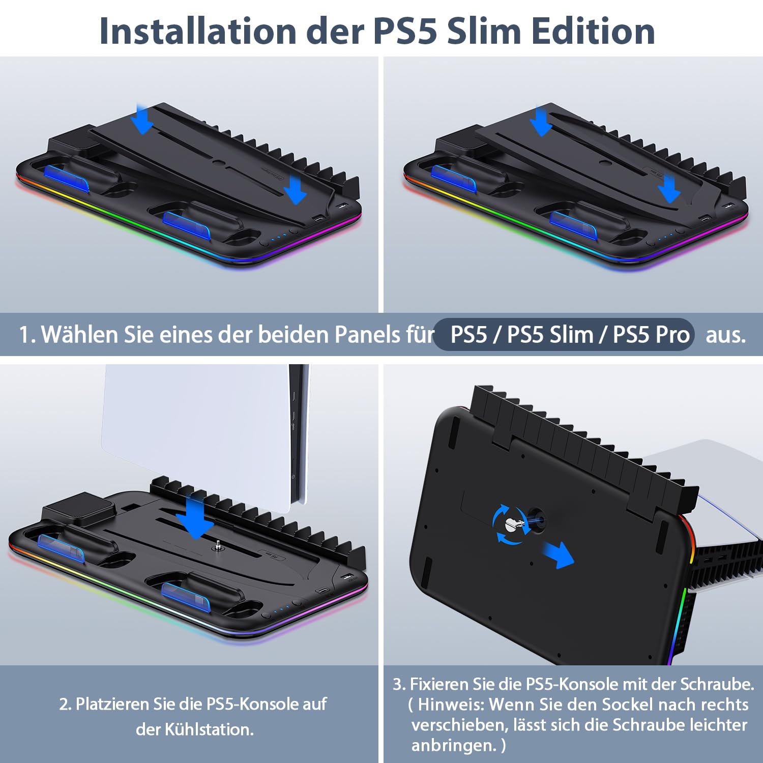 PS5 Stand Kühlstation für PS5/PS5 Slim/PS5 Pro,Vertikalständer mit Ultra-Lüfter und Buntem Licht, Headset-Halterung,PS5-Zubehör,Schwarz