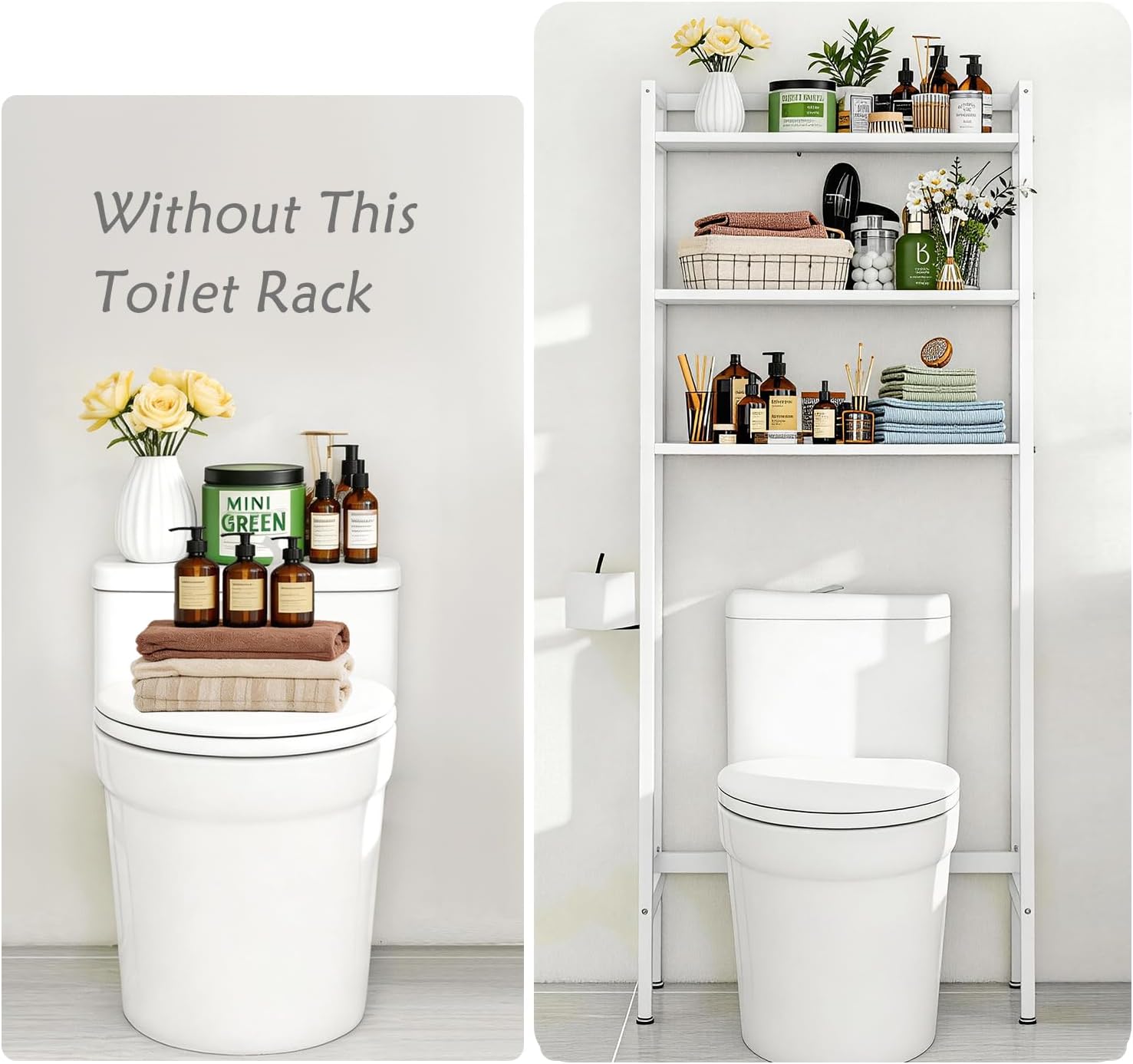 Over The Toilet Storage, Wooden 3-Tier Over-The-Toilet Rack Bathroom Space Saver Organizer, Freestanding Above Toilet with Toilet Paper Holder and Hooks (White)