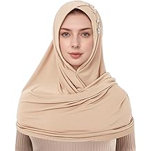 Instant Jersey Hijab Scarf for Women with Rhinestones, Pre-sewn Non-See Through Hijabs Muslim Head Scarfs