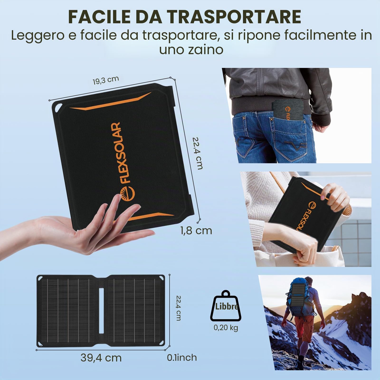 FlexSolar Caricatore solare pieghevole da 10 W, con porta USB A da 5 V/2 A, IP67, impermeabile ETFE per iPhone, Android, orologio da polso, fotocamera e altro ancora