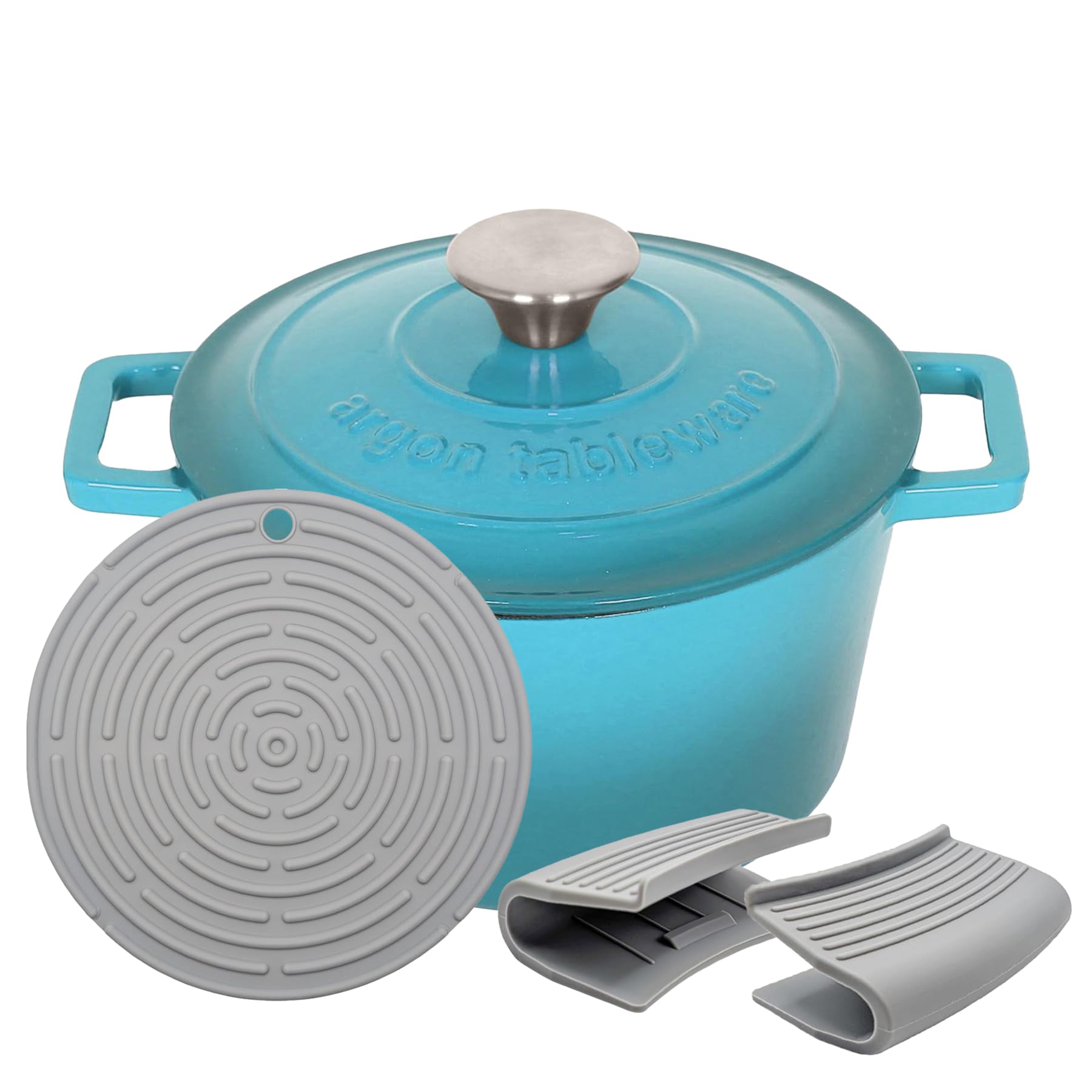 Argon Tableware Round Cast Iron Casserole Dish with Self-Basting Lid - 2.8L - Teal Ombre - 1x Induction Hob Cooking Dutch Oven Bread Baking Serving Roasting Stew Stock Pot Cookware Pan