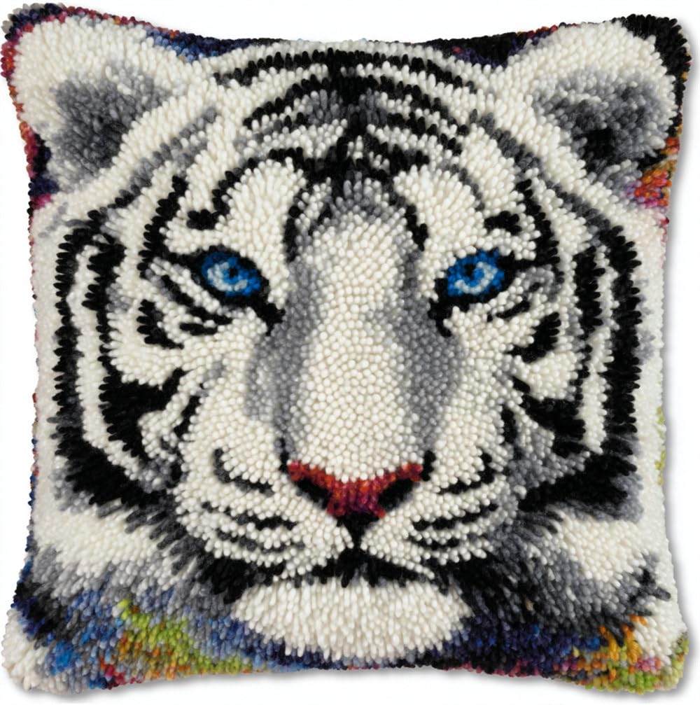Kitquiver Latch Hook Cushion Kits for Adults - 17X17Inch, White Tiger Latch Hook Pillow Case Kits Embroidery Kits 43X43Cm, DIY Needlework Pillow Cover Cushion Rug Making Kit, DIY Craft Kits for Women