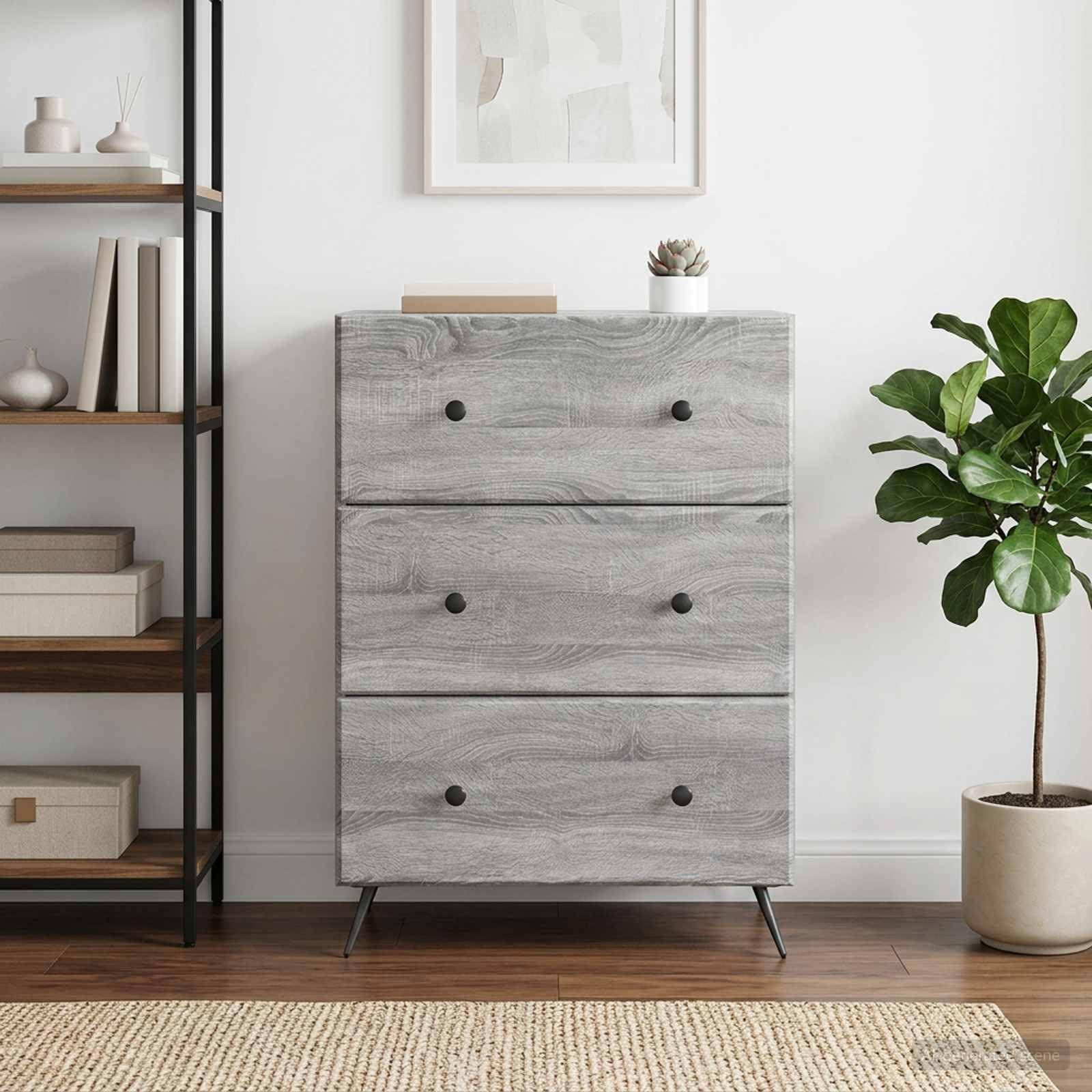 Cassettiera grigio Sonoma in legno, 66 x 34,5 x 90 cm, con 3 cassetti, telaio in metallo, per ufficio, camera da letto, corridoio, cantina, garage, officina, organizer
