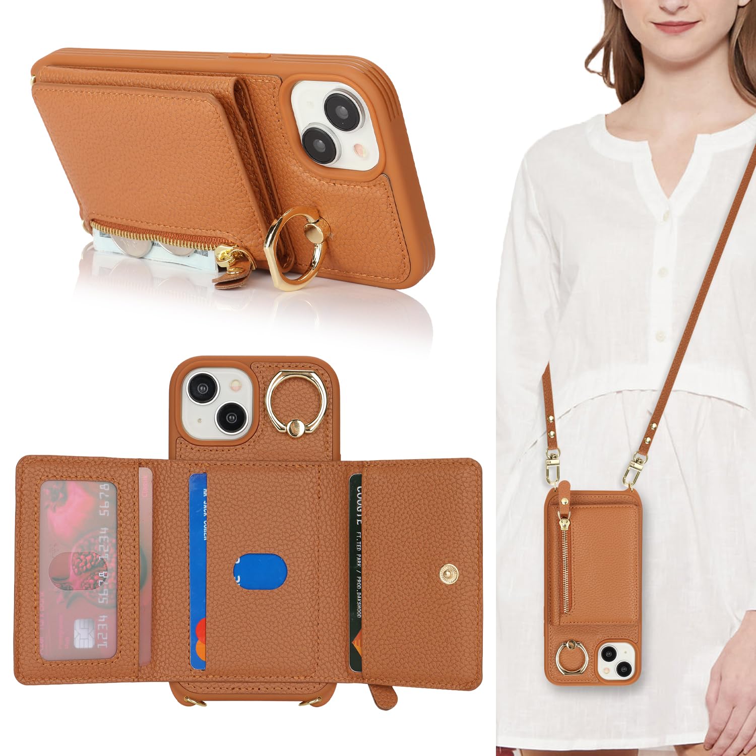 SunYoo for iPhone 14 Case with Card Holder,for iPhone 13 Wallet Case for Women with Strap Crossbody Lanyard Stand Ring,PU Leather Zipper Pocket Phone