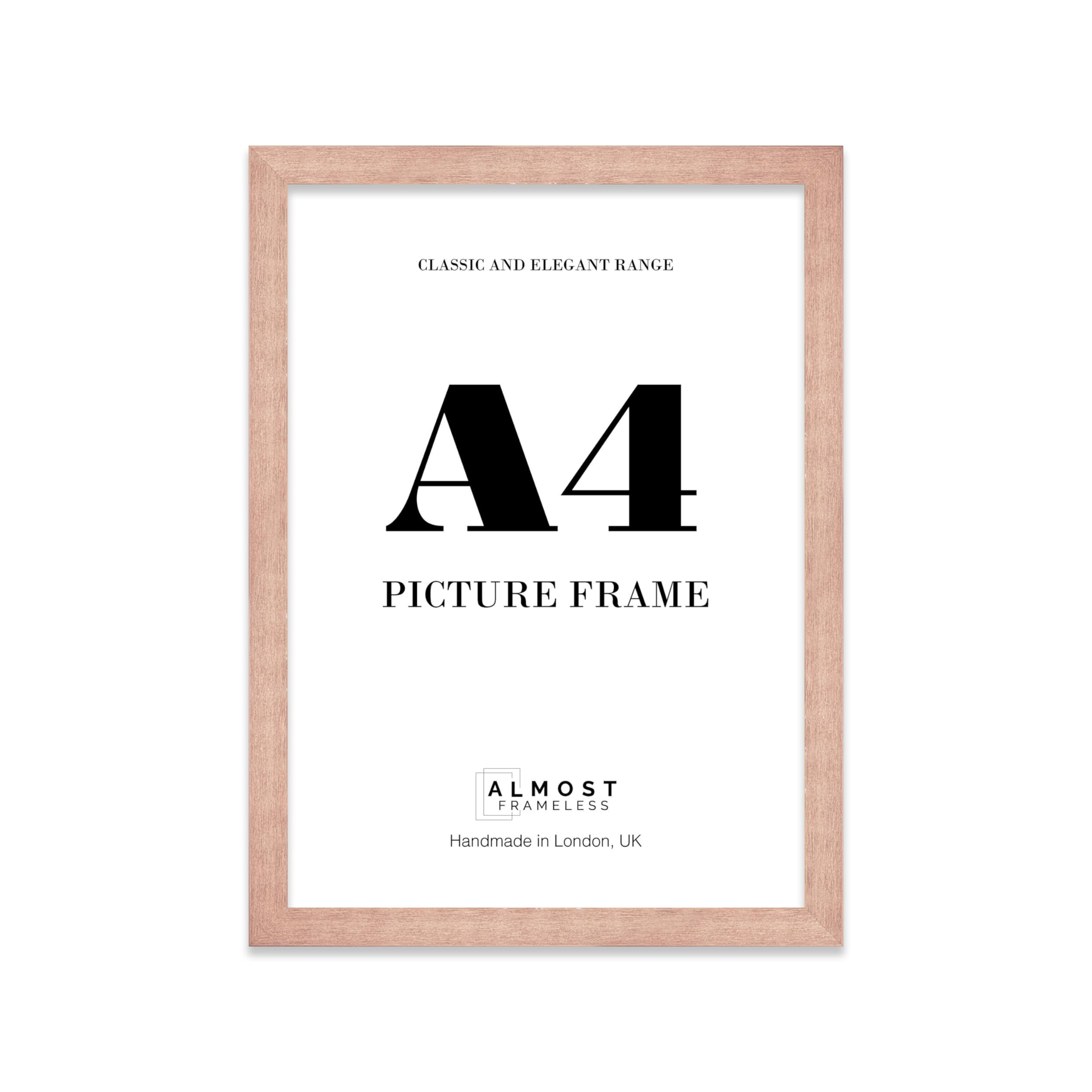 Almost Frameless A4 Copper Picture Frame Fits A4 (21 x 29.7cm - 8.3 x 11.7in) Poster, Photo, Artwork, or Print. Thin Edge Slim Frame Portrait and Landscape Display with Wall Hooks