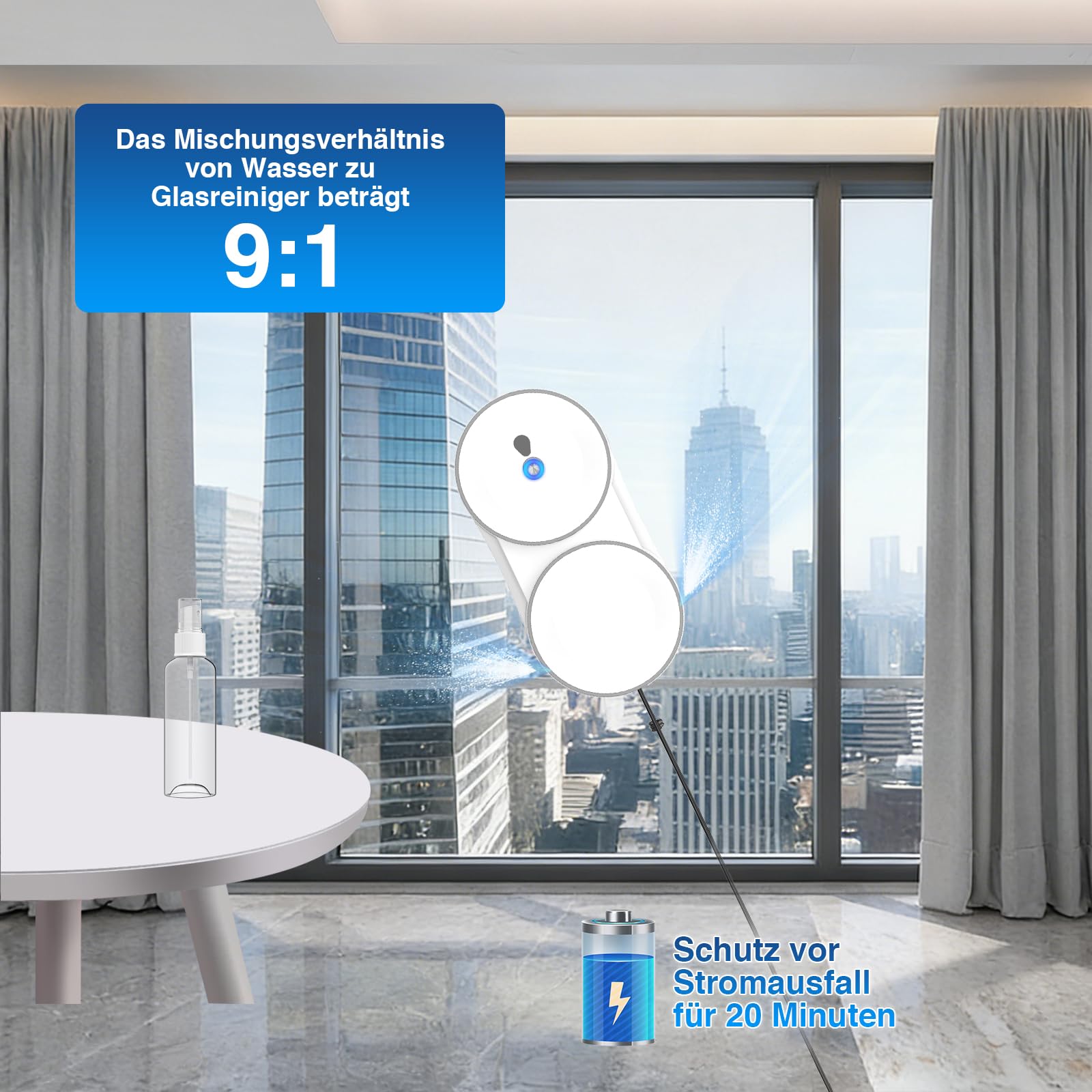 Fensterputzroboter, 5600 Pa Fensterroboter mit Fernbedienung, 3 Reinigungsmodi, mit Automatische Doppel-Sprühfunktion, Intelligente Navigation, mit 60ML Tank, für Glas und Glastüren (Weiß B)