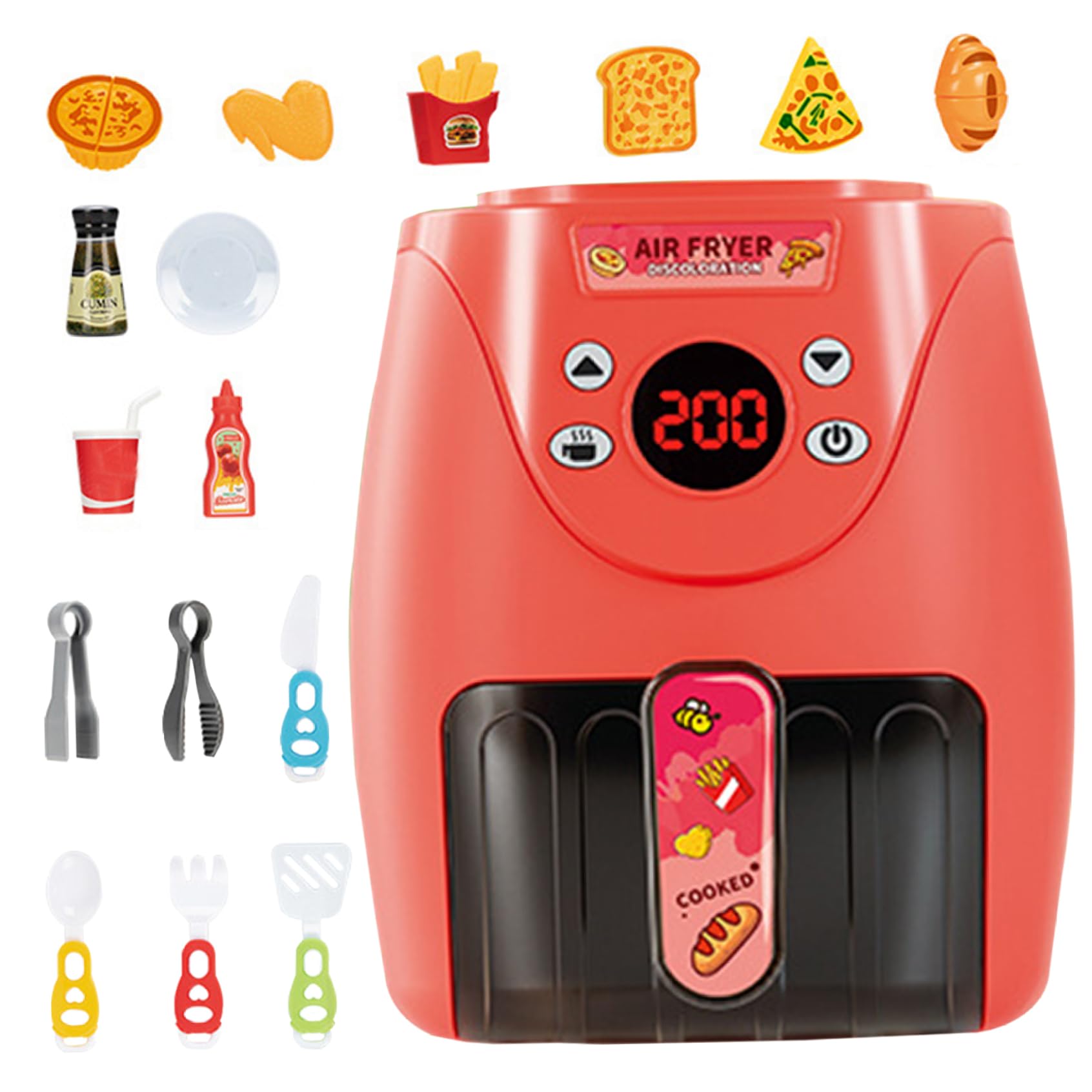 Ngbbby Kids Toy Kitchen Set with Air Fryer 15PCS Accessories, Cookies Maker with Music & Lights Color Changing Foods, for Aged 3+ Children