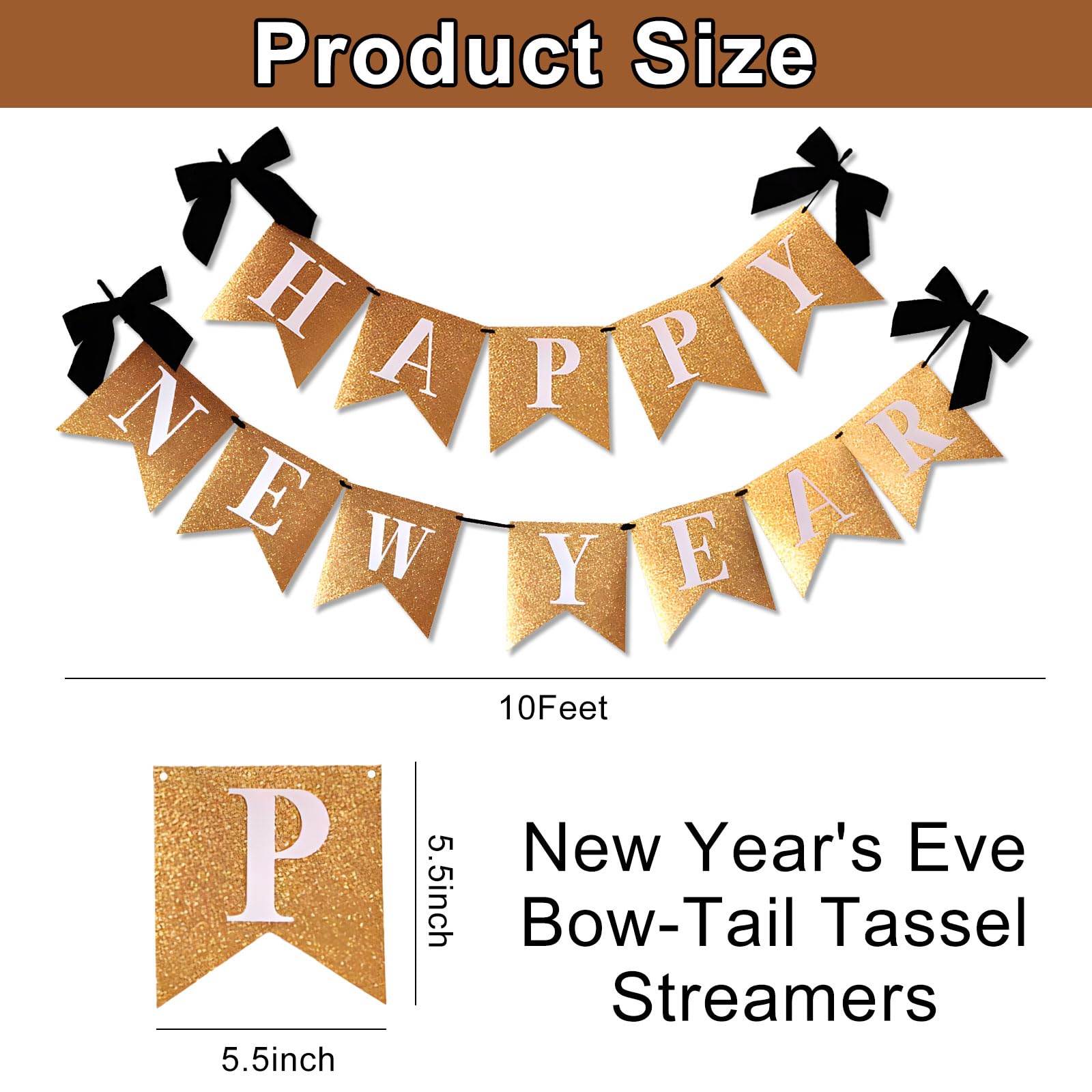 Happy New Year 2026 Banner, New Years Eve Decorations 2026, Black Gold Glitter Banner with Black Bow - Image 2