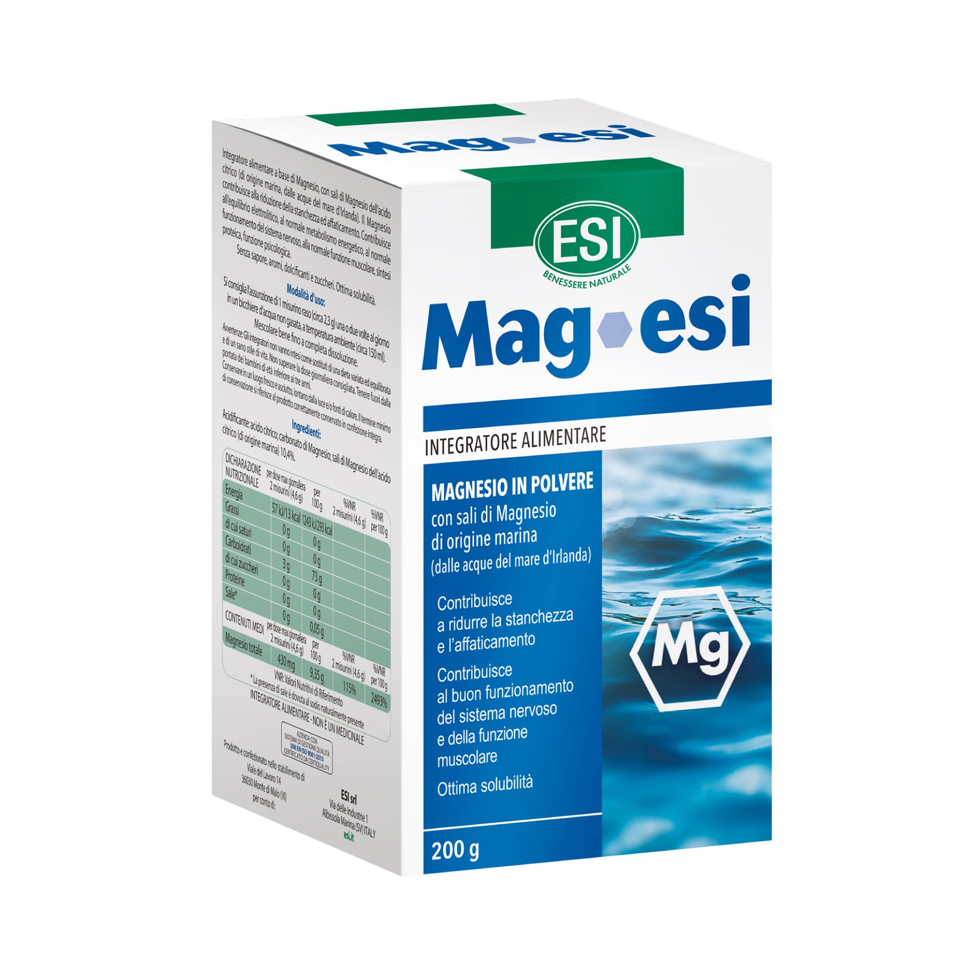 ESI, Mag-​ESI Integratore Alimentare di Magnesio in Polvere, Contro Stanchezza e Affaticamento Fisico, Con Sali di Mg di Origine Marina, Alta Solubilità, Senza Glutine e Vegan, 200 g