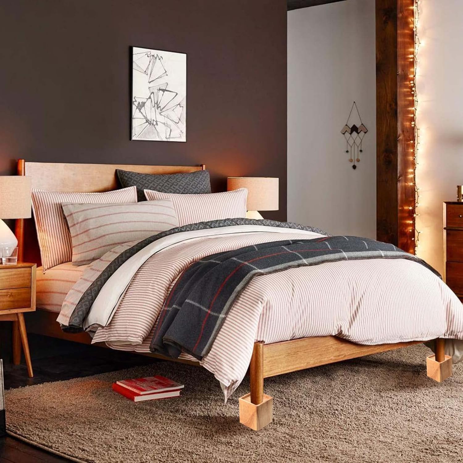 6 Pack Wood Bed Risers, 4 Inch Natural Square Dark Wood Furniture Lifters, Heavy Duty Wood Extenders for Beds, Tables, Sofas, Dressers, Bookcases, Create Storage Space