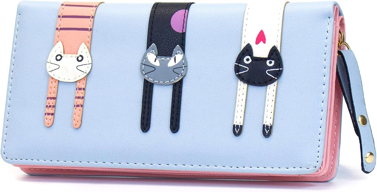 Mini bolso de mano tipo cartera con cremallera y 3 gatos, de piel sintética, plegable, para mujeres y niñas