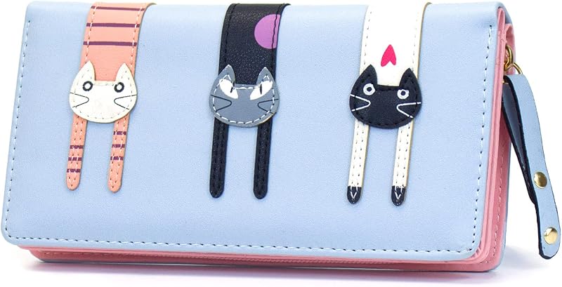 Mini bolso tipo cartera con cremallera y 3 gatos, de piel sintética, plegable, para mujeres y niñas